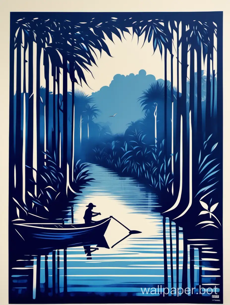 A minimalist print depicting the Amazon River in deep blue tones, with a small boat navigating between the waters and the forest banks. stencil art, stycker art