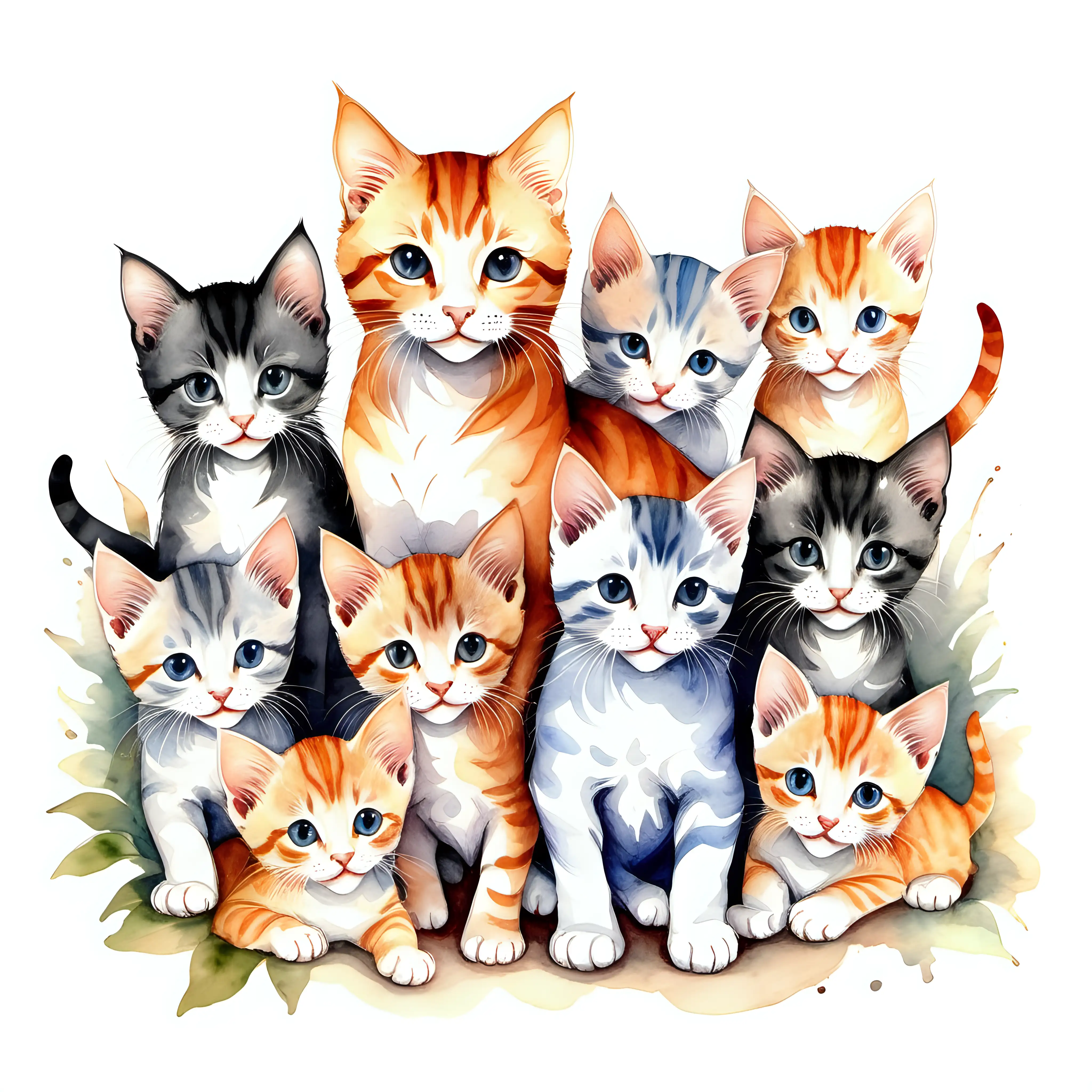 Charming Watercolored Scene 10 Kittens with Their Mother