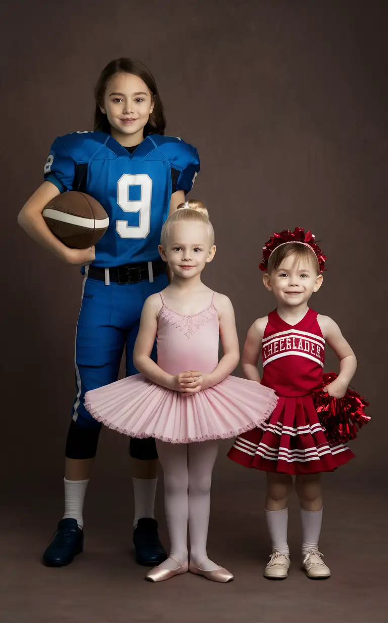 Photograph of a tall 9-year-old girl wearing a blue football uniform, a cute 7-year-old little blonde boy with short hair shaved on the sides wearing a pink ballet dress, and a cute 5-year-old little brown haired boy with short hair shaved on the sides wearing a frilly red cheerleader dress and headband, English, perfect children faces, perfect faces, smooth skin, gender role reversal
