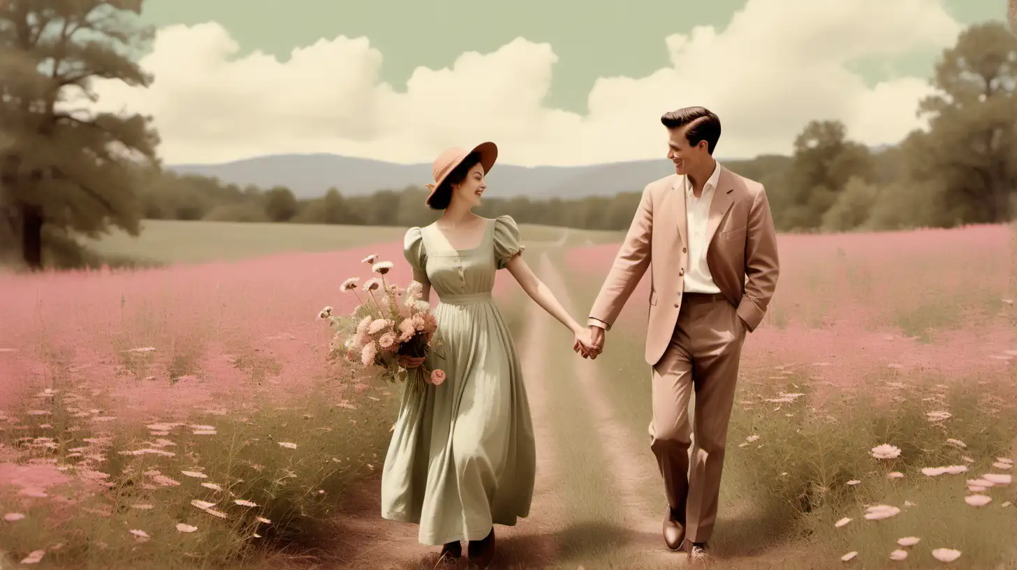 Craft a heartwarming digital artwork titled "Love's Stroll Through Time," featuring a playful and affectionate couple—a man and a woman—walking hand in hand through a vintage-inspired wildflower field. Use a muted color palette with dusty rose, sage green, and warm beige for a nostalgic atmosphere. Apply subtle aging effects to evoke the charm of a vintage art print. Capture the sweet, playful love between the couple as they share moments amidst various flower settings.