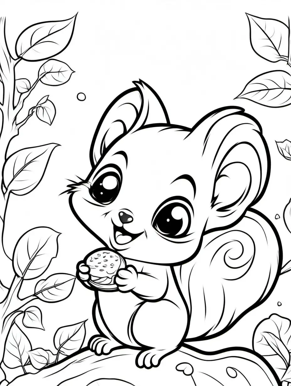 Adorable Flying Squirrel Baby with Nut Whimsical Cartoon Drawing for Coloring Book