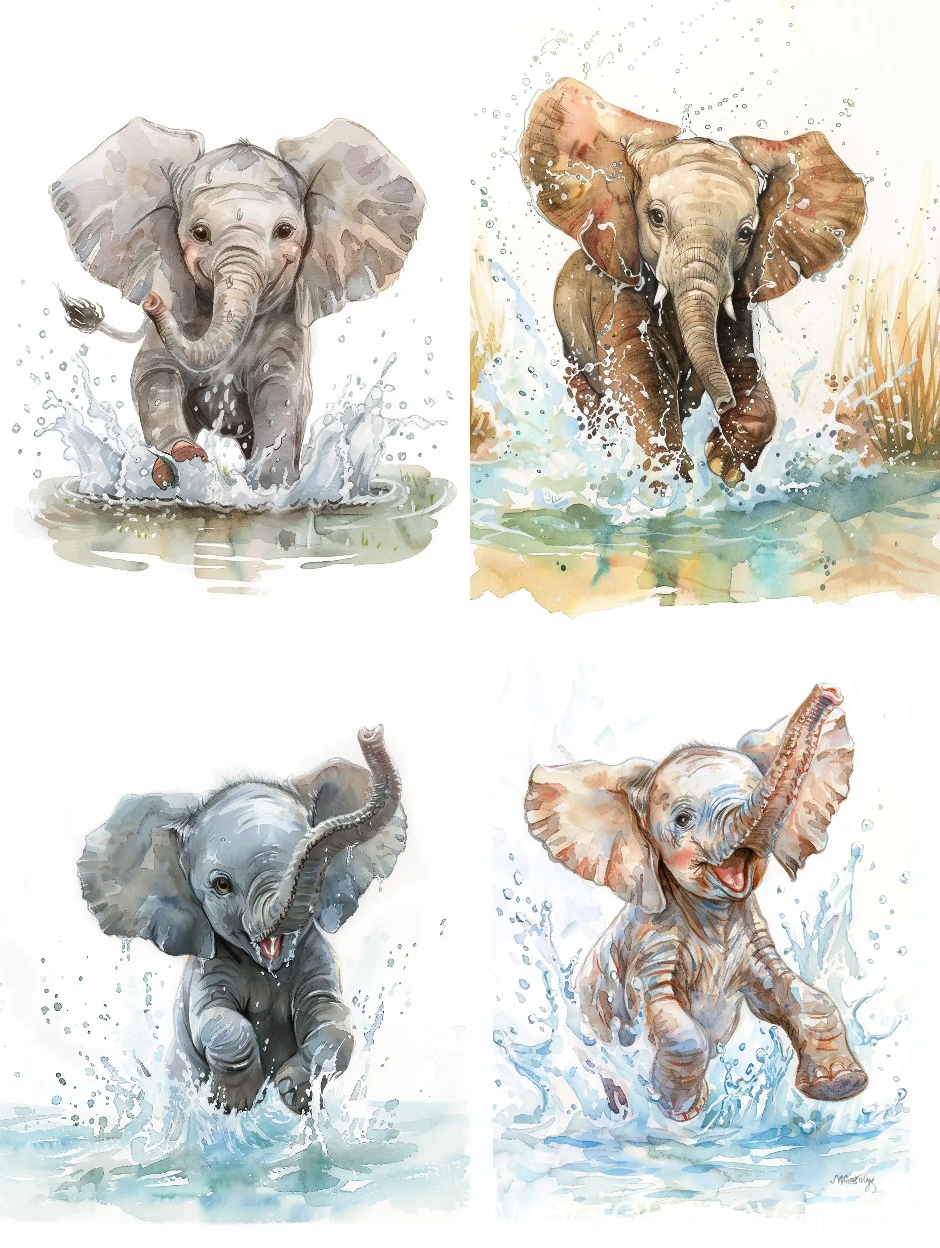 Cute baby elephant playing in water, watercolor painting, children's book style, splashing happily