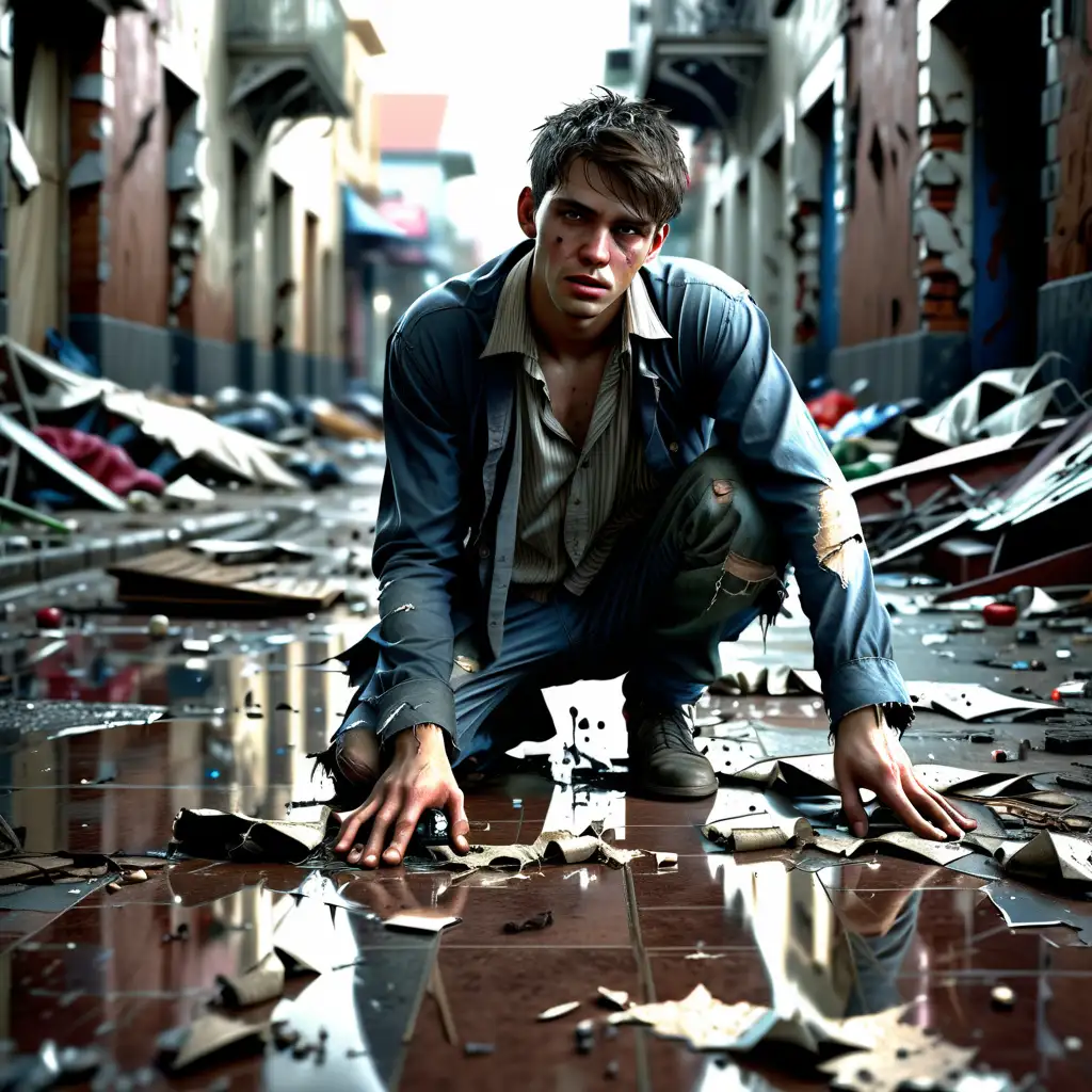 Photographically realistic, high definition, full body shot, A handsome young man, wealthy and attractive in damaged clothing desperately cowering on the floor, in a bad part of town.