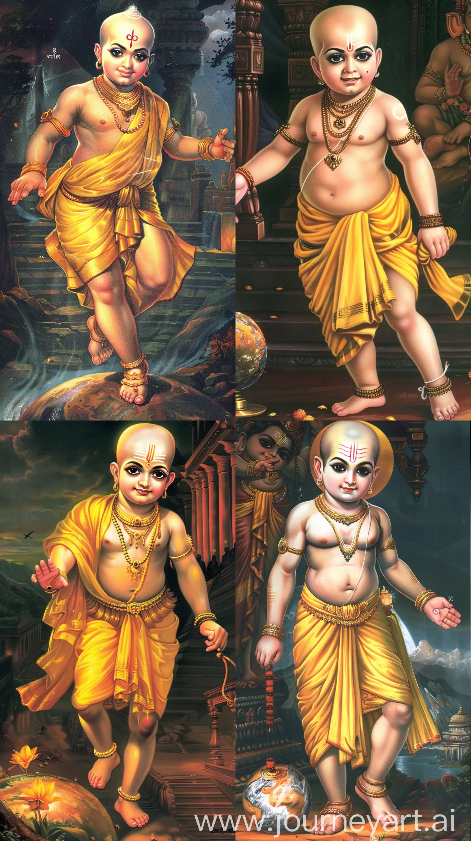 Raj Ravi Varma art style image of Vaman avatar from Hinduism, as a short Statured young Brahman in yellow attire, bald and no beard, little chubby, he's as big as a cosmos, one foot on the earth, from ancient Indian times, intricate details, 8k image --ar 9:16 --sref https://i.postimg.cc/6qZWsf2W/1382972979-vaman-avatar.jpg --v 6