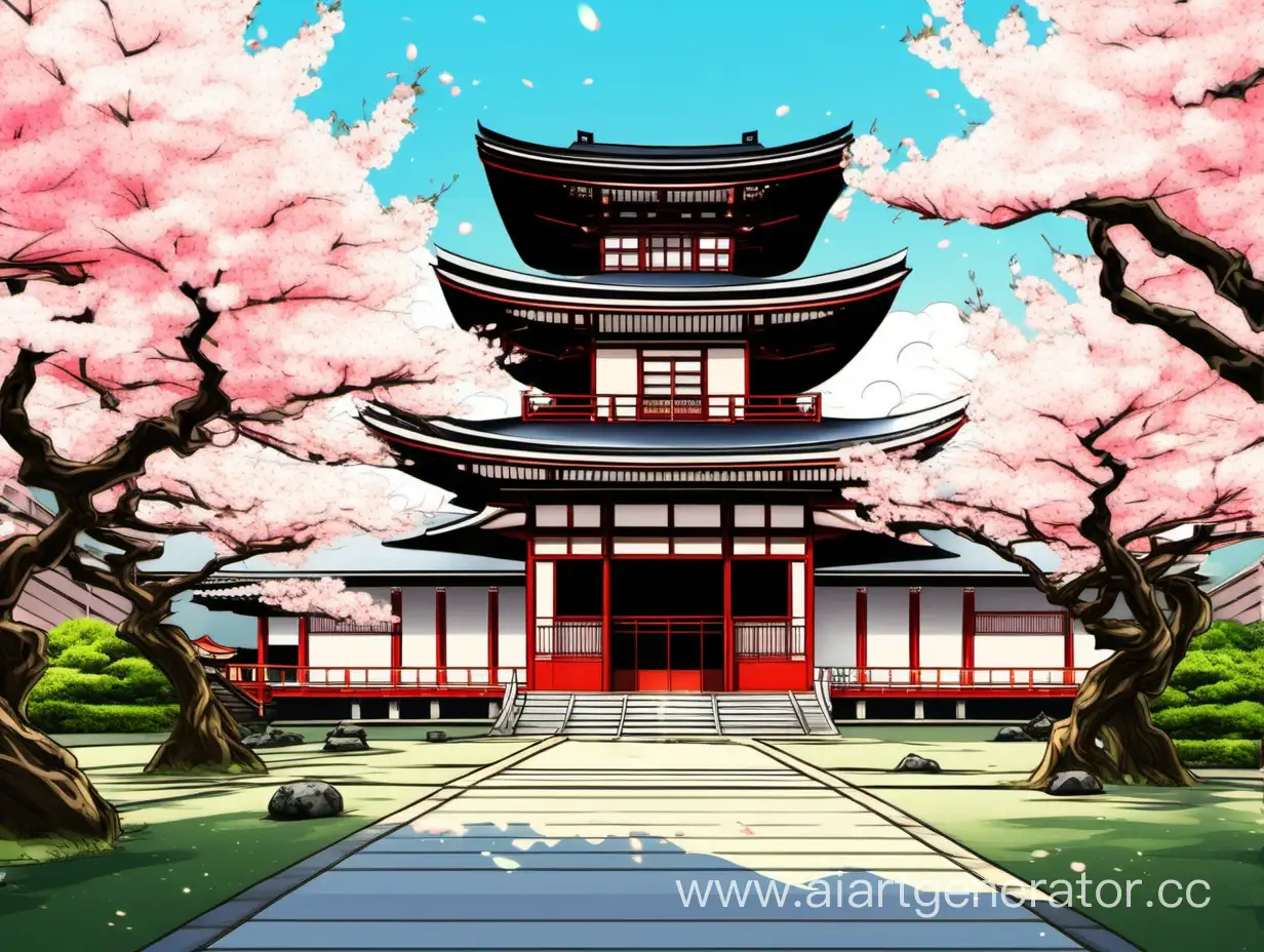 animestyle wide japanese temple with vast frontyard between sakura trees at bright day