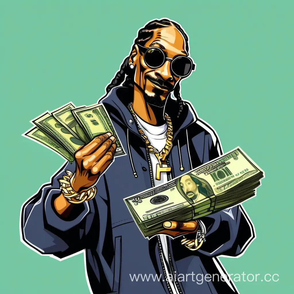 Cartoon character rapper Snoop Dog counts a wad of money in his hand and throws it