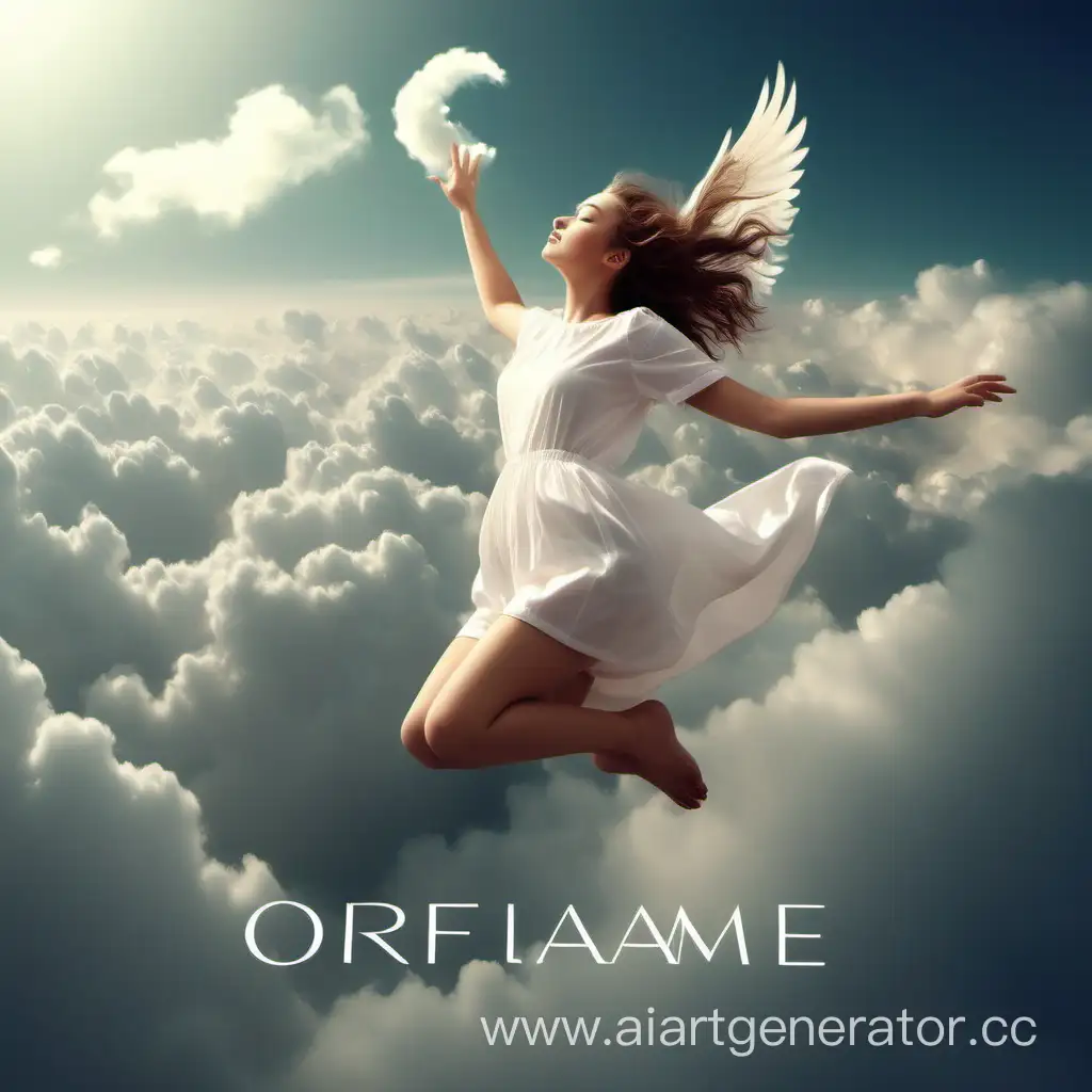 облака, девушка летит и хочет коснуться слова Oriflame

