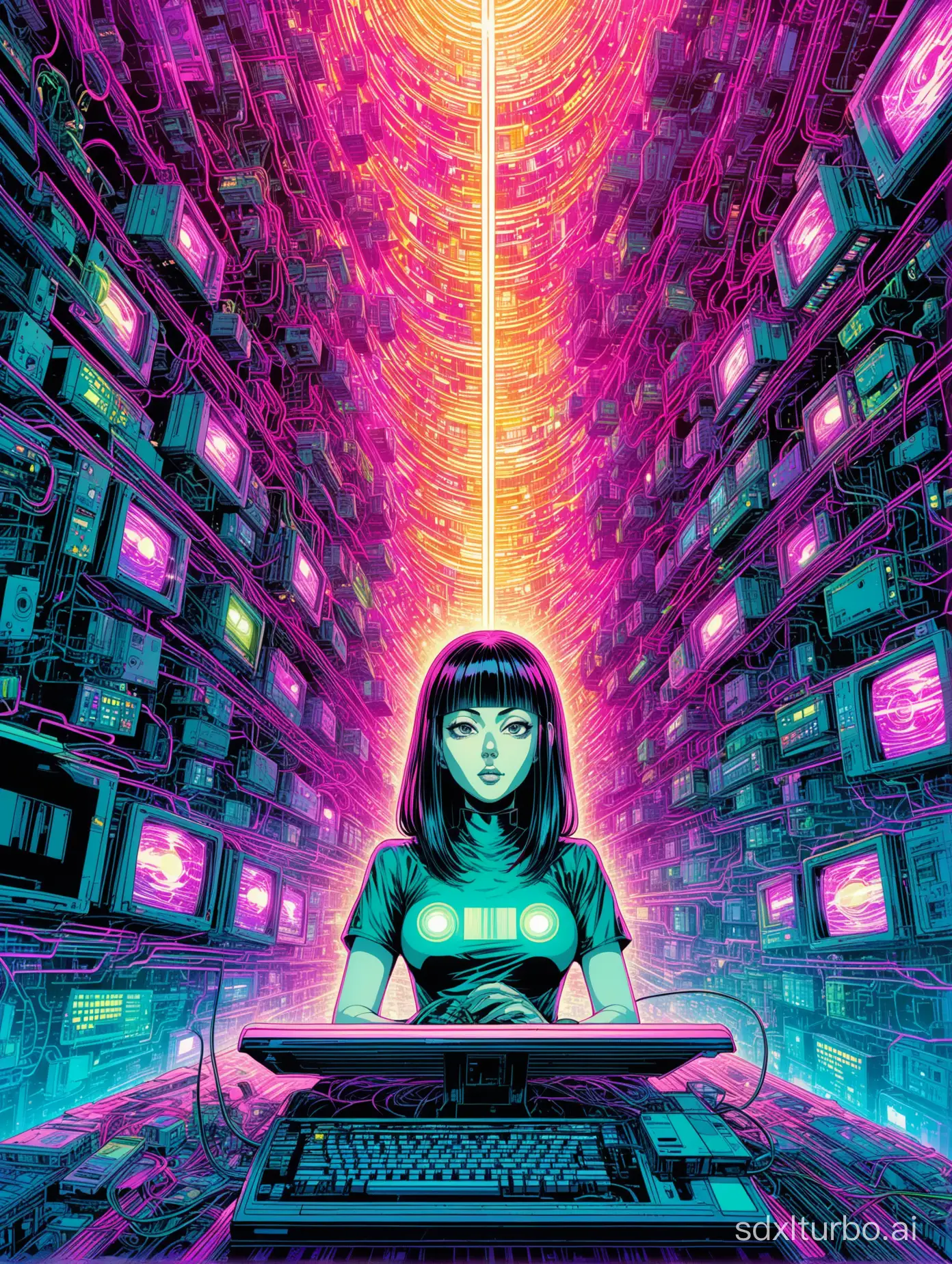 female computer hacker double exposure quantum entanglement chaos theory, cel shading, cyberpunk, cassette futurism, hypermaximalist, hyperdetailed, beautifully lit, comic book art, abstract surrealism, junji ito