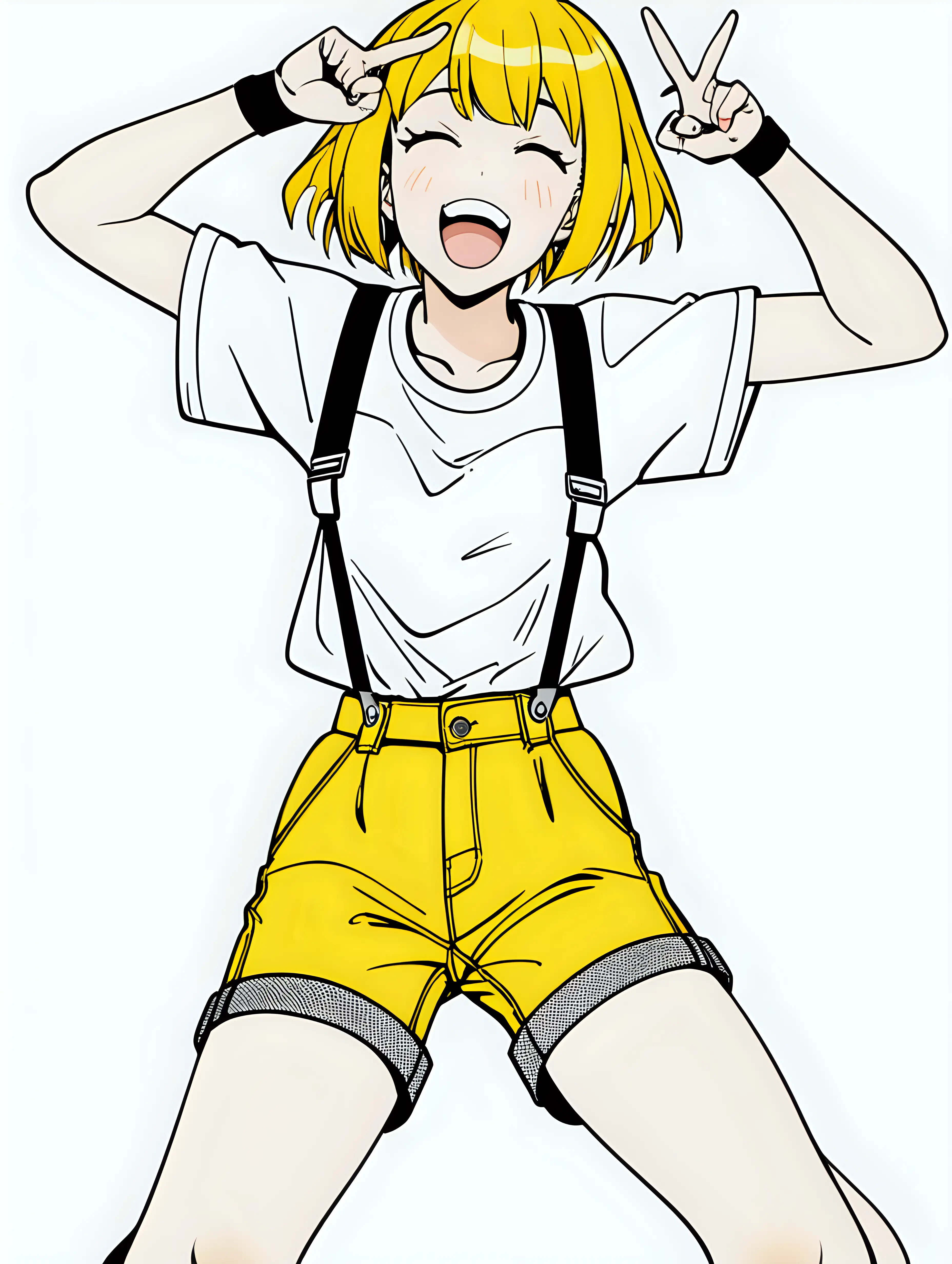anime adult girl hero short white tshirt sexy midriff wearing suspenders short yellow hair white background posterized halftone yellow black white 3 color minimal design full body yellow shorts black boots yelling and holding up hand with two fingers smiling eyes closed