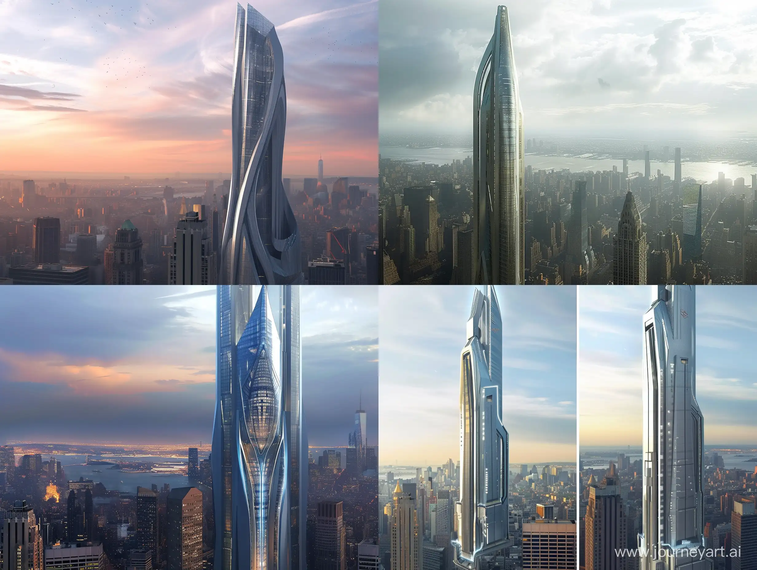 a modern sci fi skyscraper building concept design for new york city that came out a sci fi movie, architecture, buildable, highly detailed,