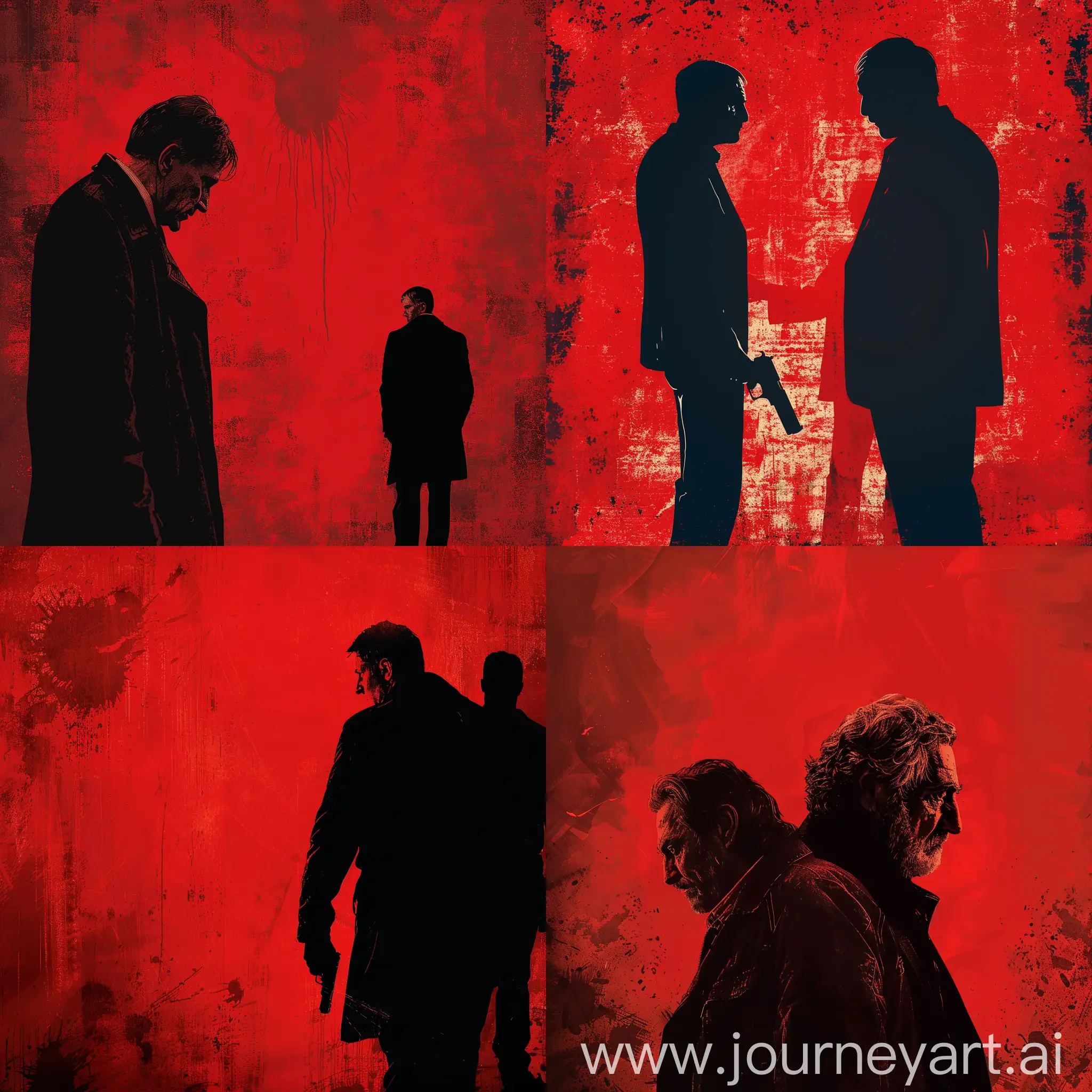 create a movie poster withou text, about a story happen between a 40 years old and his apprentise who want to commit a crime,  drama genre, red background WITH SILHOUETTE, artistic