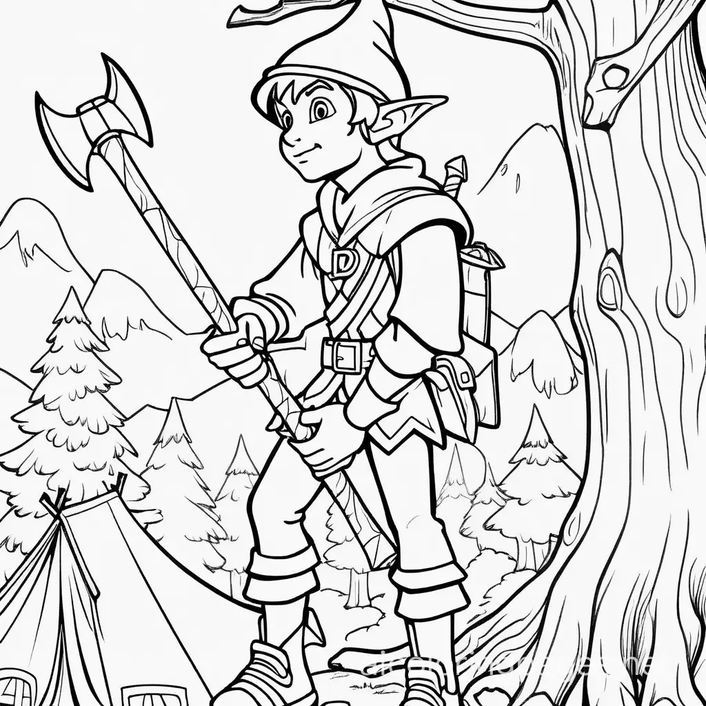 A teen elf in the top of a tree holding a small battle axe looking over a camp., Coloring Page, black and white, line art, white background, Simplicity, Ample White Space. The background of the coloring page is plain white to make it easy for young children to color within the lines. The outlines of all the subjects are easy to distinguish, making it simple for kids to color without too much difficulty