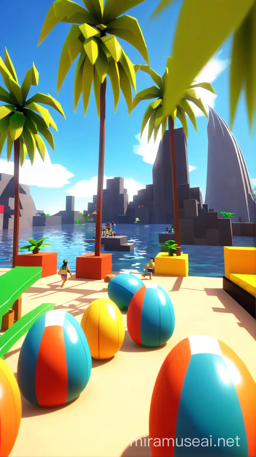 Vibrant Roblox World with roblox in swimwear with friends
