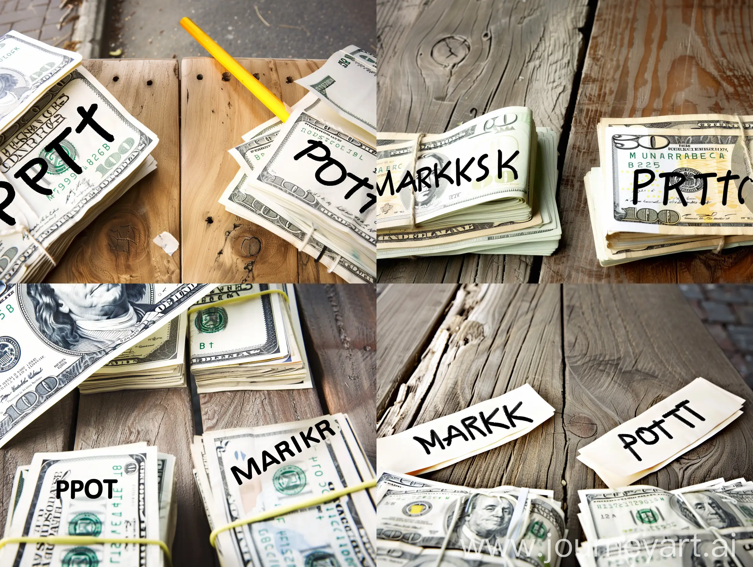 A mid-front-corner shot of a wooden table with two sets of accumulated money, the first group with the word "marketing" written on it, and the second group with the word "profit" written on it. --ar 4:3 --s 0 --style raw --v 6 