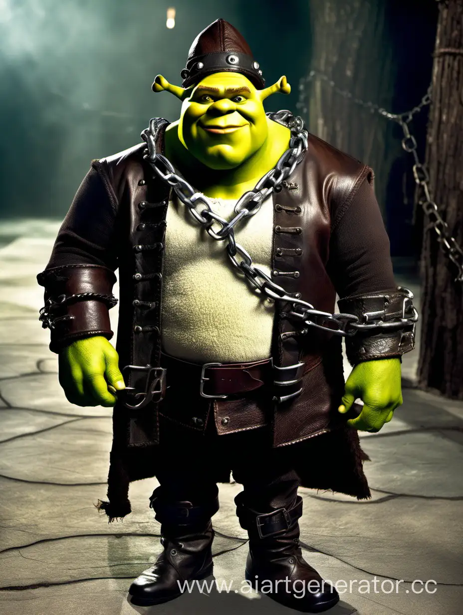 Shrek in Merlin's hat and leather suit with chains