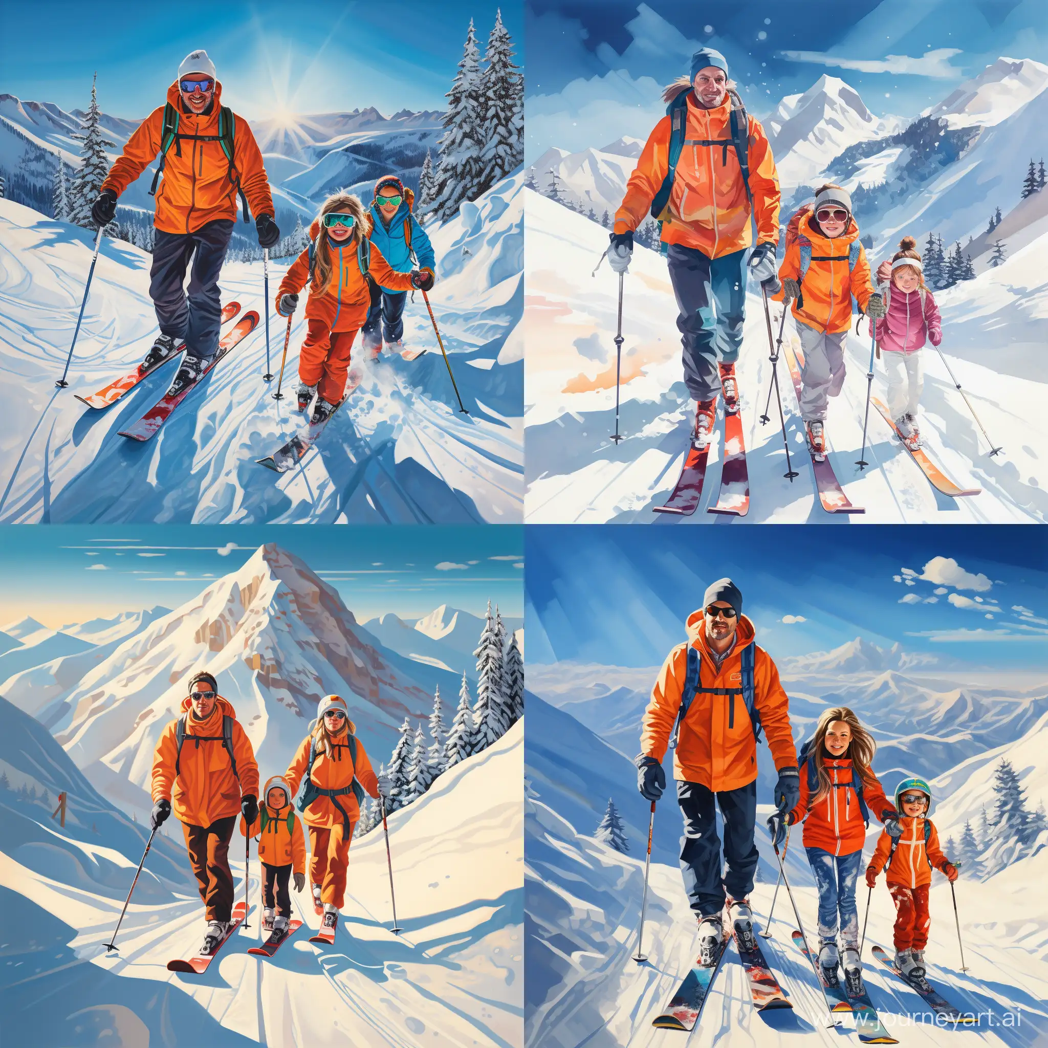 Young parents and their daughter skiing on the mountain