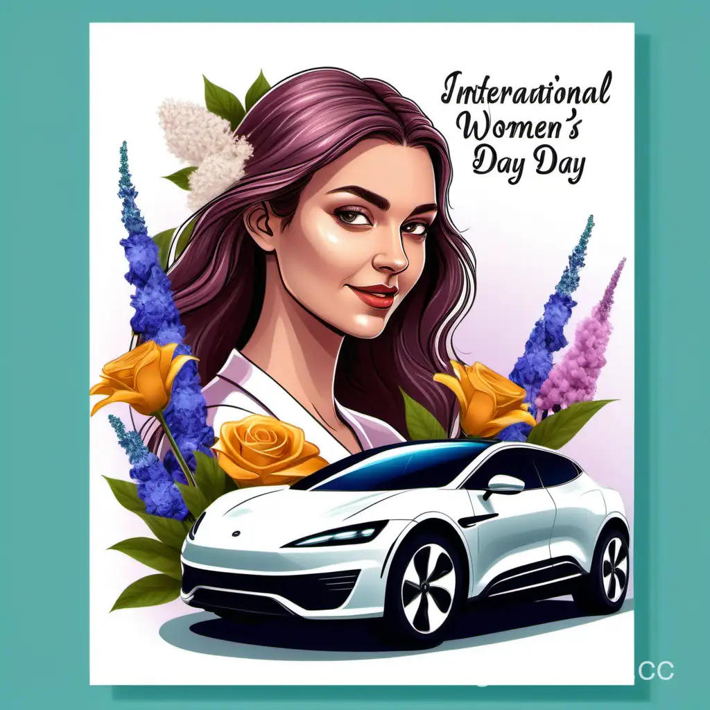 "Нарисуй открытку поздравление с 8 МАРТА, Красивая европейская женщина с цветами на фоне  автомобиля современного электро автомобиля, реалистично".