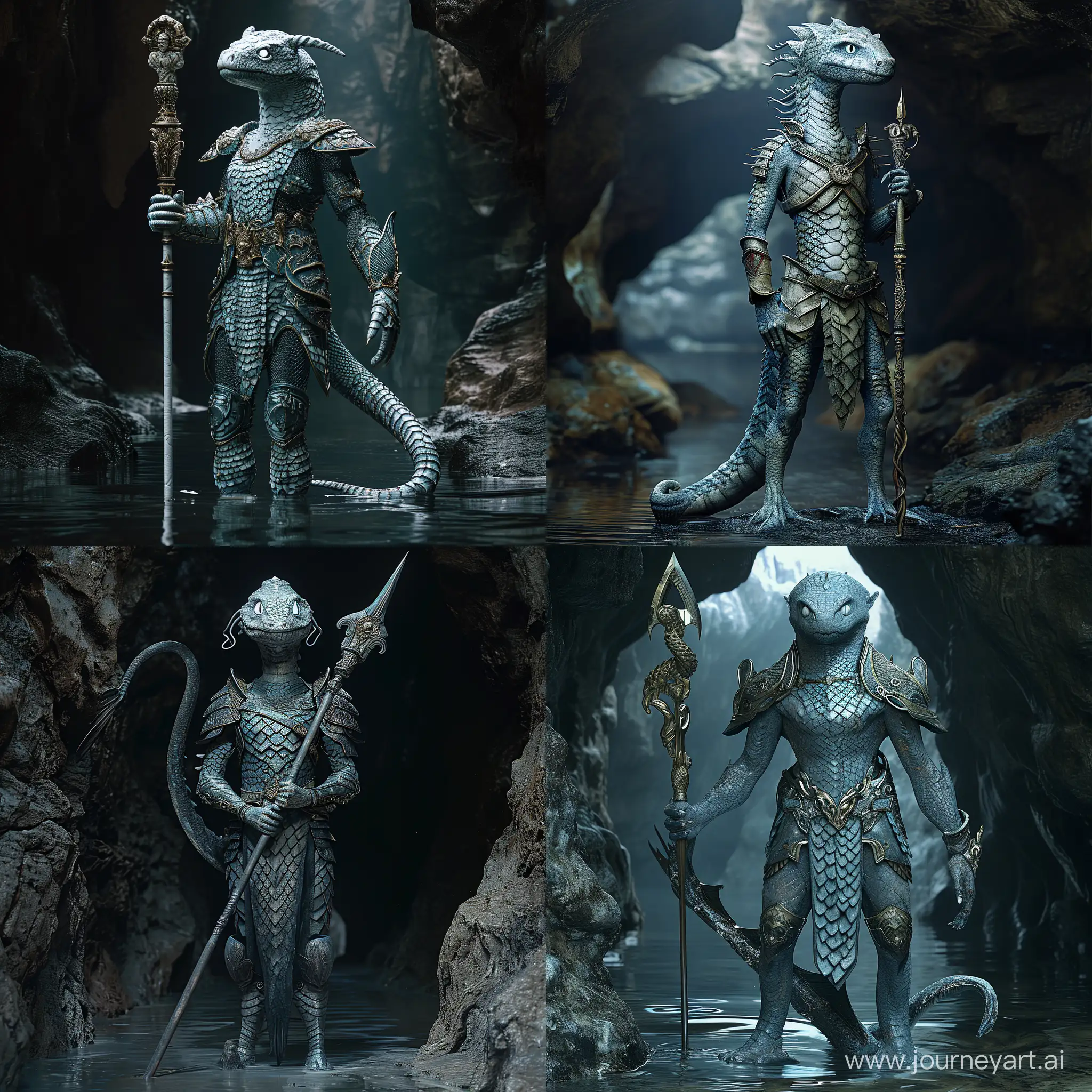 A sea serpent-like guard standing upright, scaled skin with two arms and a tail, blue-grey hue, white eyes, armed with an ornate pike, royal armor, in a damp dark cavern, highly detailed, photorealistic