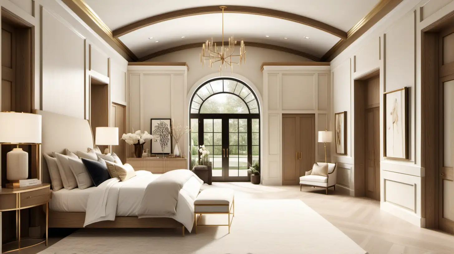 Modern Organic Hausmann grand master bedroom with double height ceilings; arched doorway opening to grand walk-in closet at the back; ivory, beige; blonde oak wall panelling; brass accents;  realistic 8K