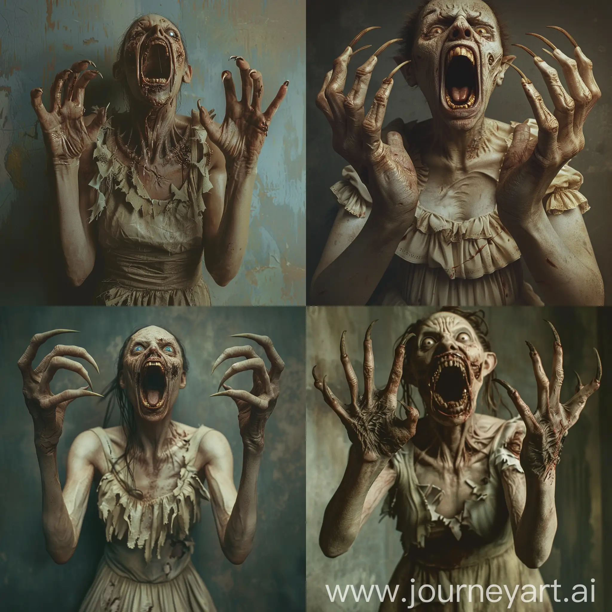 A horrifying nightmare scene of a zombie woman with long, curved pointed dirty nails protruding from her five fingers two hands like menacing claws. Her skin is pale and rotting,  Her mouth is wide open, revealing a row of sharp, pointed teeth that resemble fangs. she dressed to torn closes, hyper-realism, cinematography, high detail, the smallest details, horror, fear.photorealistic photography of a zombie woman with no eyes and a tattered dress, in the style of realistic hyper - detail, playful character designs, 32k uhd, full anatomical. human hands, very clear without flaws with five fingers
