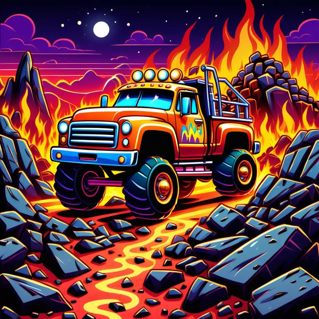 Vibrant Cartoon Monster Truck Adventure with Kids on Rocky Road