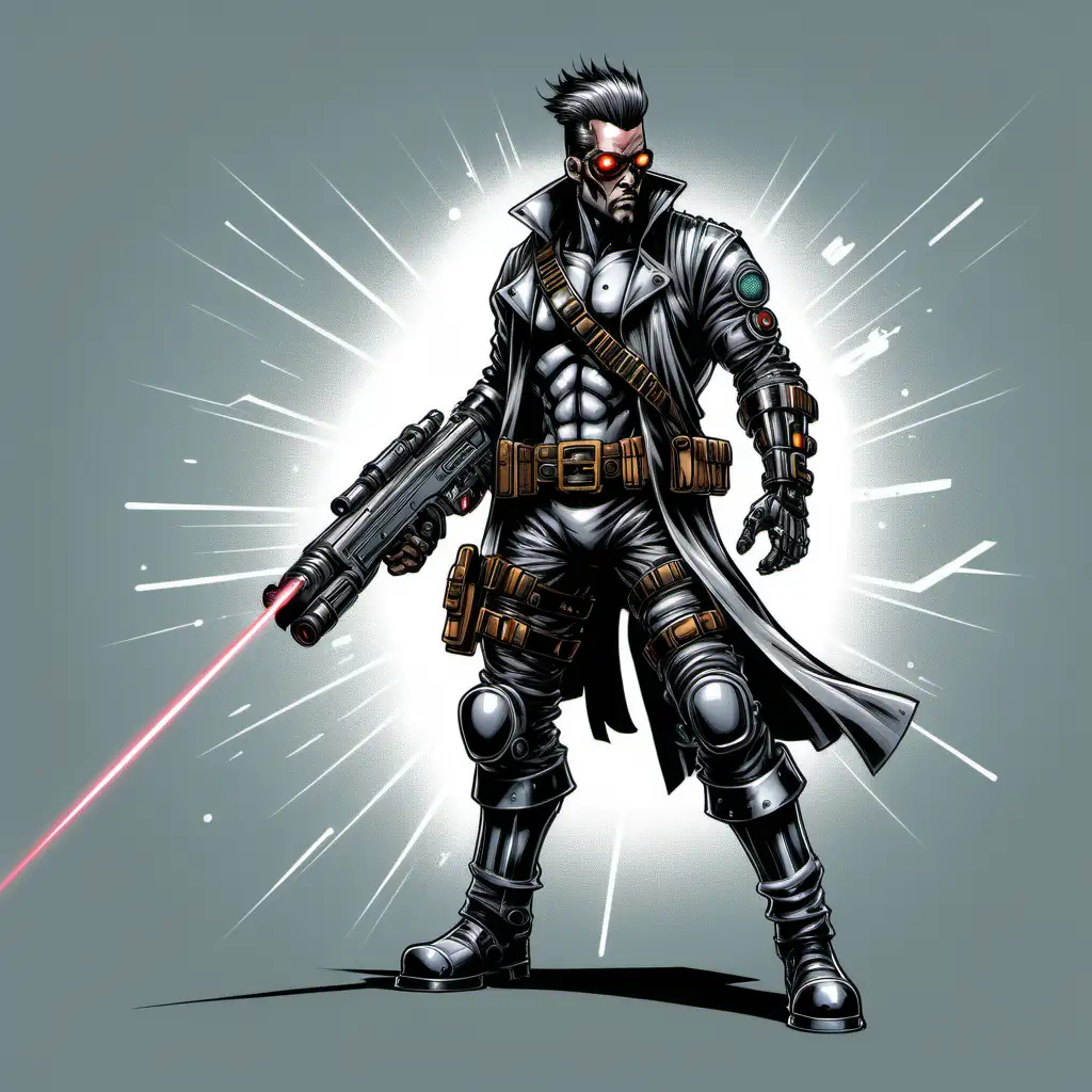 Inked comic book art style. Full body action pose of male space pirate holding a laser rifle. cyberpunk. Wearing black power armor. Grey background.