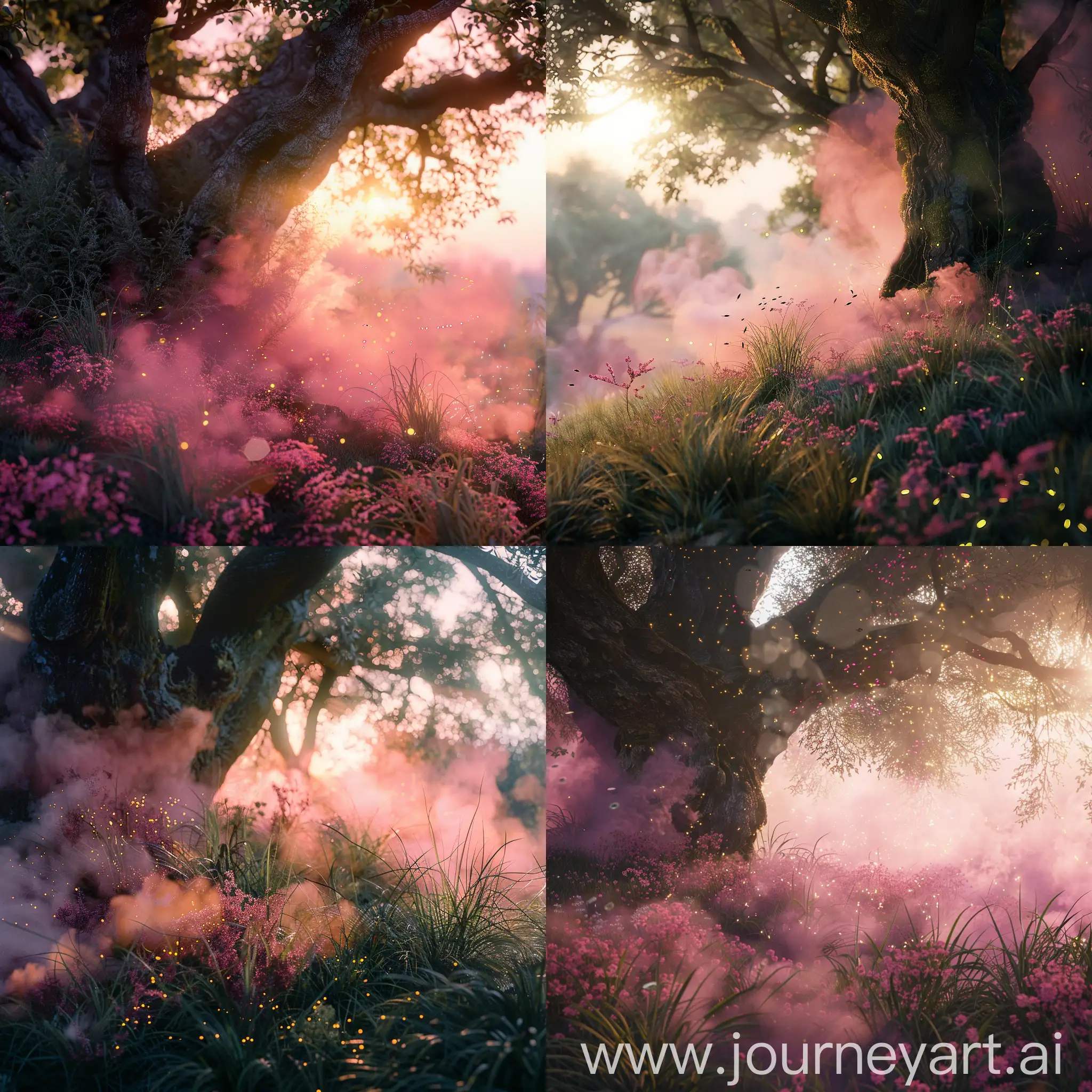Enchanting-Dawn-Mystical-Tree-with-Pink-Smoke-and-Fireflies