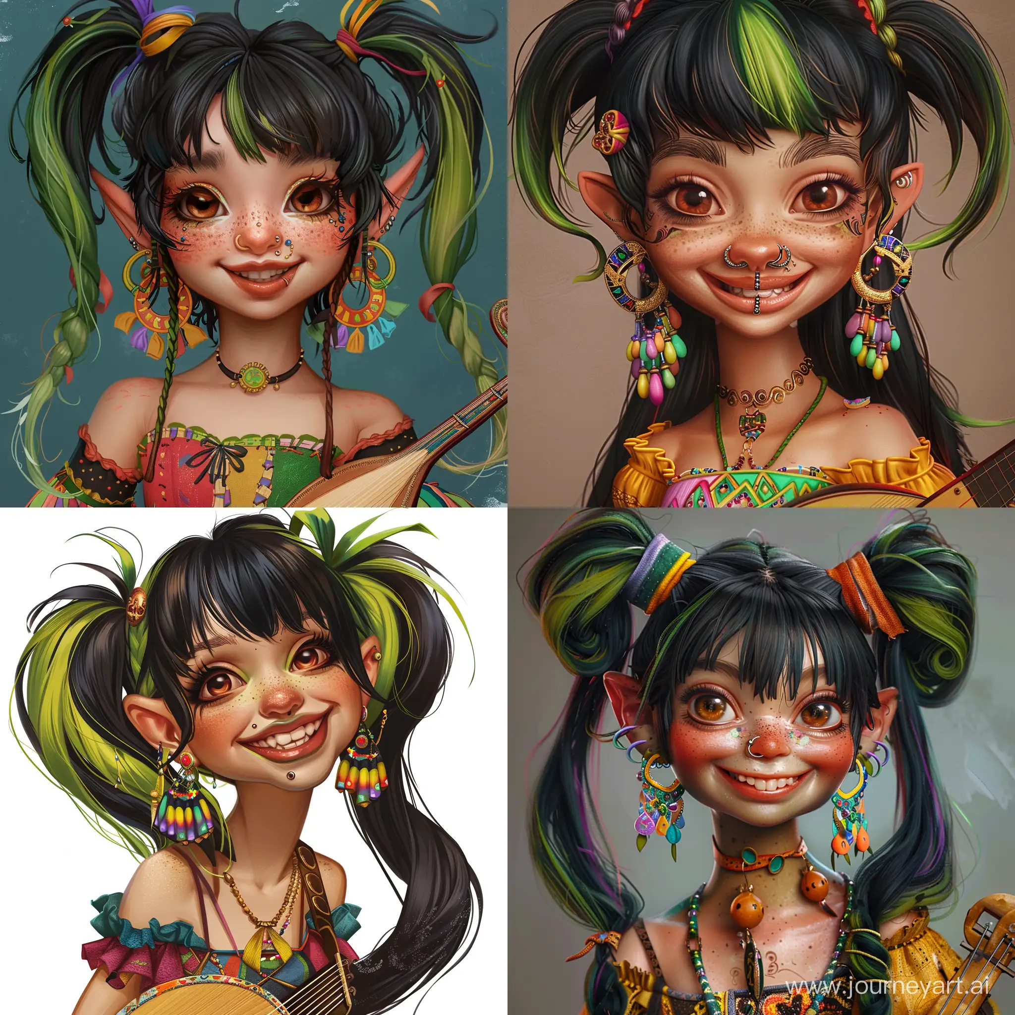 A female bard gnome with black and green hair, tied in long pigtails and bangs. She has beautiful brown eyes, a wide smile and walnut brown skin. She wears big colorful earrings, has a nose piercing and is wearing a bright coloured dress and carrying a lute.