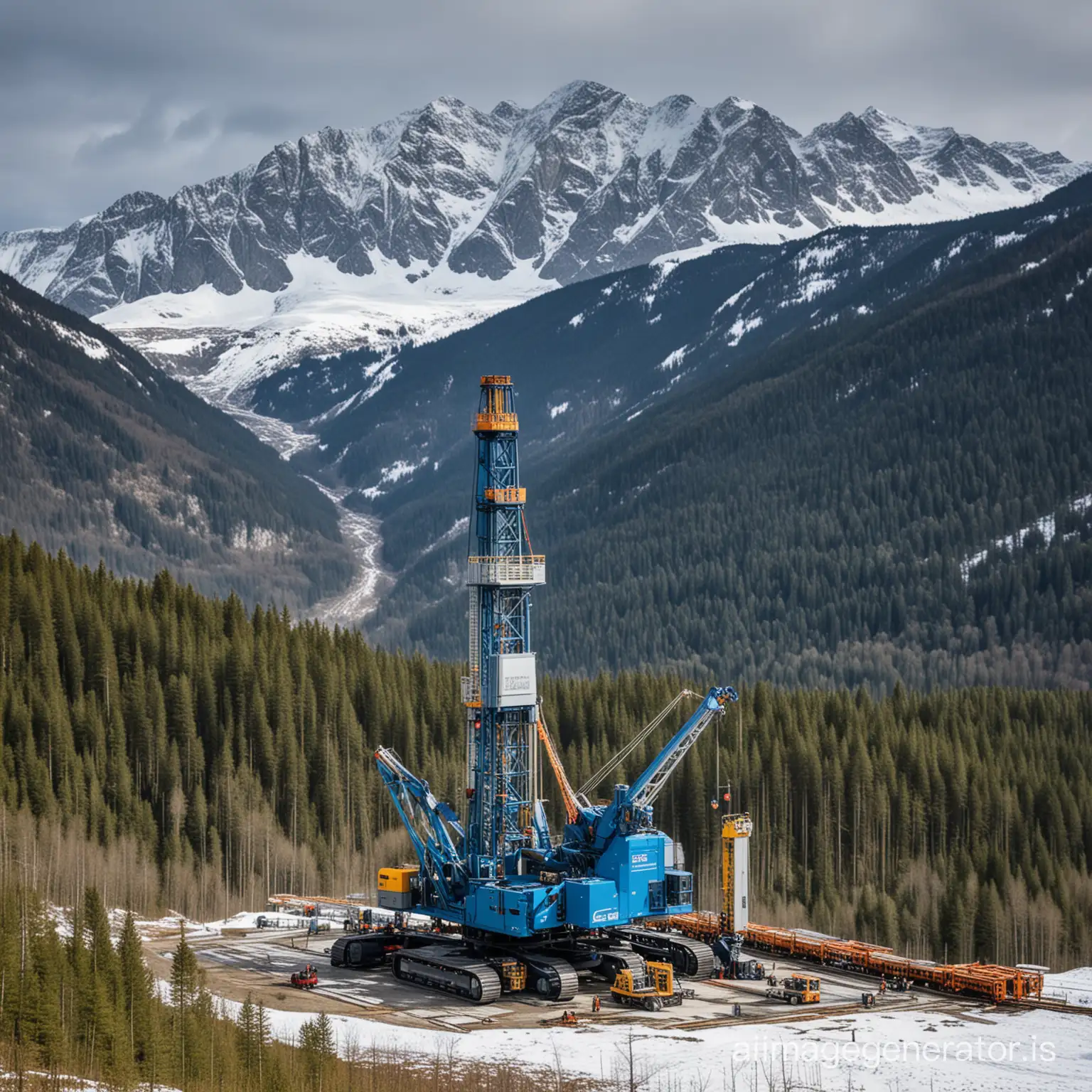 A blue drilling platform with the inscription Grisoni drilling in a larch forest in the mountains with snow-capped peaks in the background