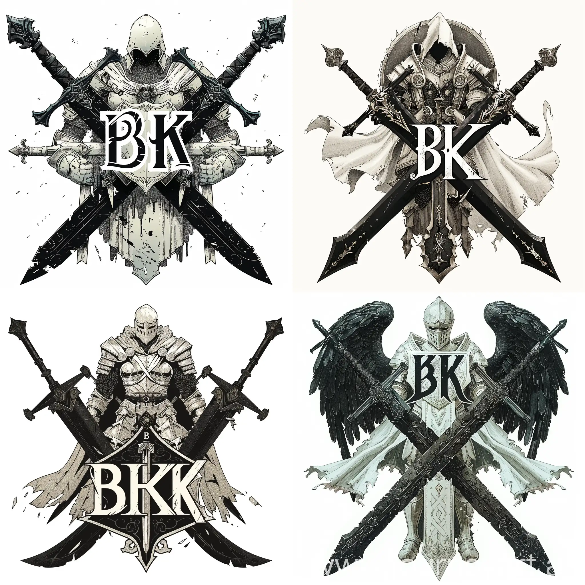 логотип "BK", где буквы "BK" стилизованы в форме двух переплетающихся мечей с орнаментами на лезвиях, черные мечи, между мечами изображен белый рыцарь в боевой позе держащий в руках щит и меч, рыцарь представлен в доспехах с символикой, отражающей его мощь и благородство, цветовая гамма черный мечи, белый рыцаря, готический шрифт "WK" в форме мечей, --quality 3 --s 300