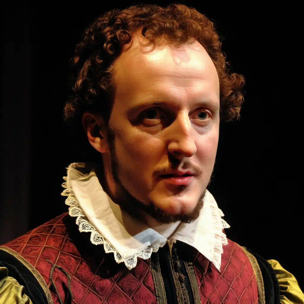 A color profile photo of Shakespearean actor Richard Burbage aged 25, set in 1590, set on the theatre stage