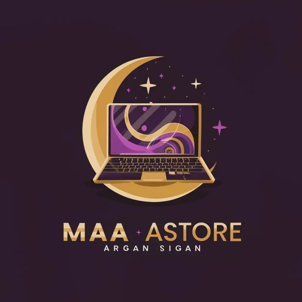 a logo design,with the text "Maah Astore", main symbol:I want a logo with these details: a laptop placed in the middle of a crescent moon with gold, black and purple colors,complex,be used in Technology industry,clear background