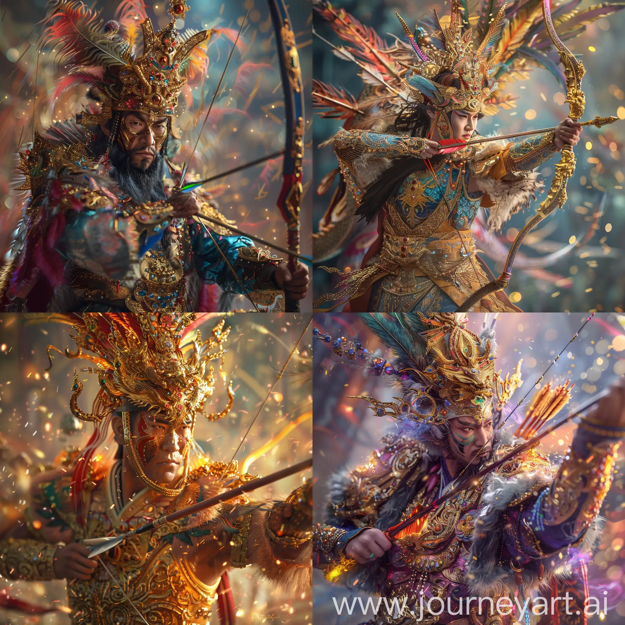 create. fantasy realistic Tajik wrestlers  King heroes rising armor heroes arrow Dragon Bow  dragon aura fire, Sun Wukong movie cinematic planet land of the apes bokeh The celestial ruler in 'Royal Regalia', clad in opal gold and encrusted with gems, phoenix feathers and furs of exotic birds adorning their elaborate headdress. Nikon D850 highly detailed digital painting elegant dof extremely detailed Award winning photography bright studio setting studio lighting intricate 8k 4k very attractive beautiful high detail dynamic lighting wallpaper award winning imperial colors fantastic view ultra detailed colourful matte background acrylic art watercolor --ar 1:1 --style raw
