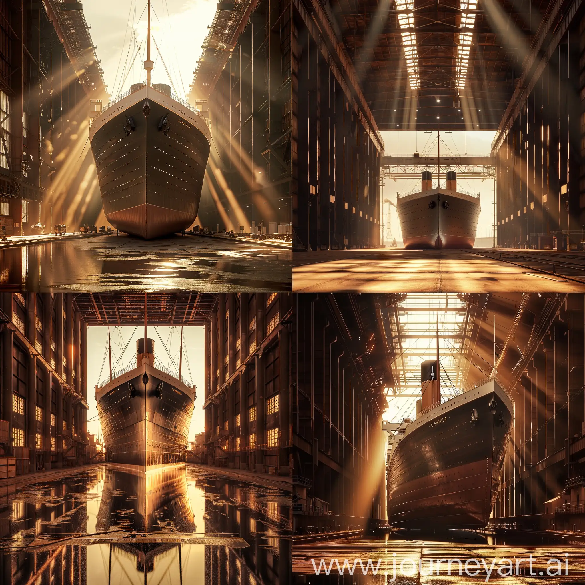 An incredibly detailed and realistic photograph of the British liner RMS Titanic, basking in the warm, natural light streaming through the massive shipyard dock doors.