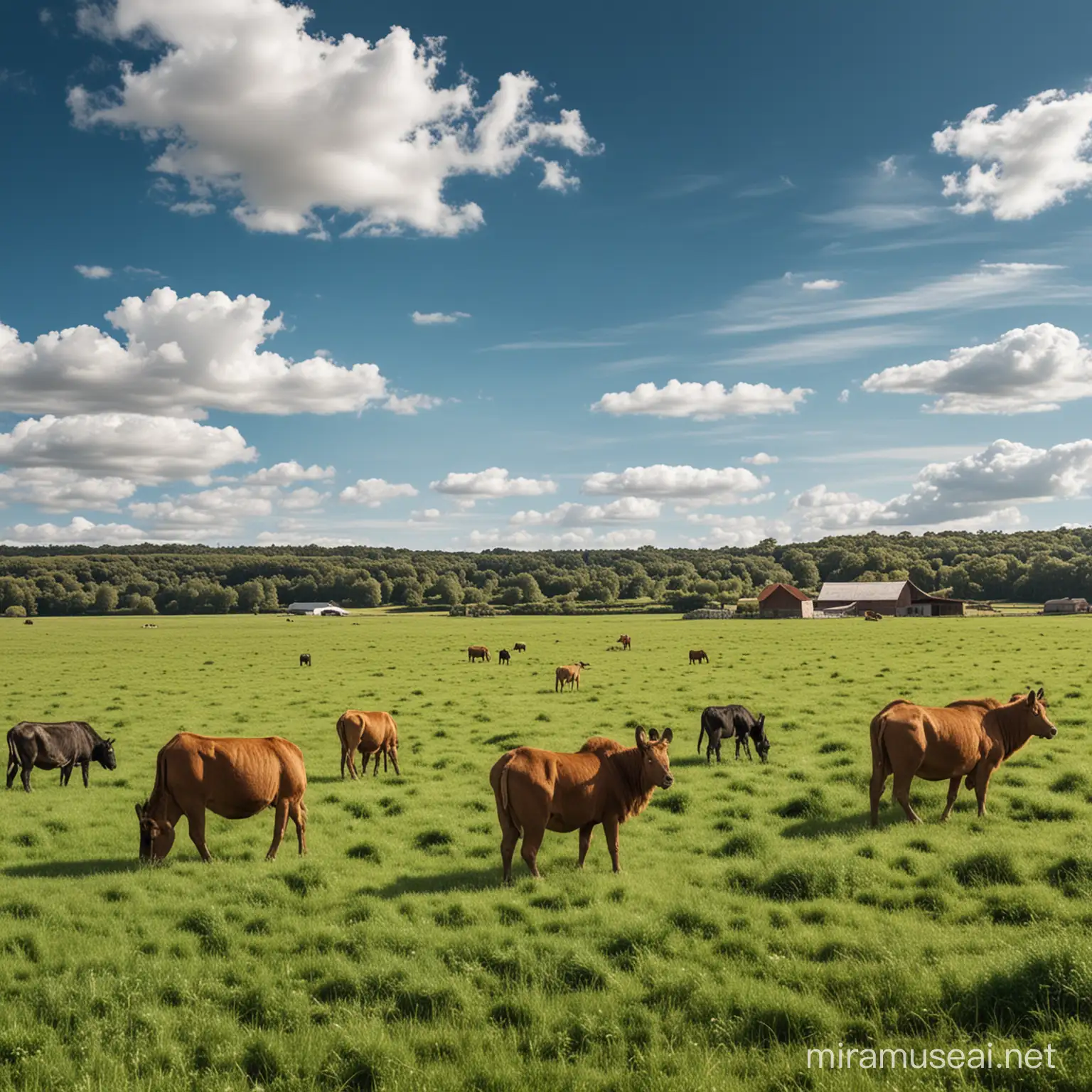 Scenic Farm Landscape with Grazing Wildlife under Clear Blue Sky