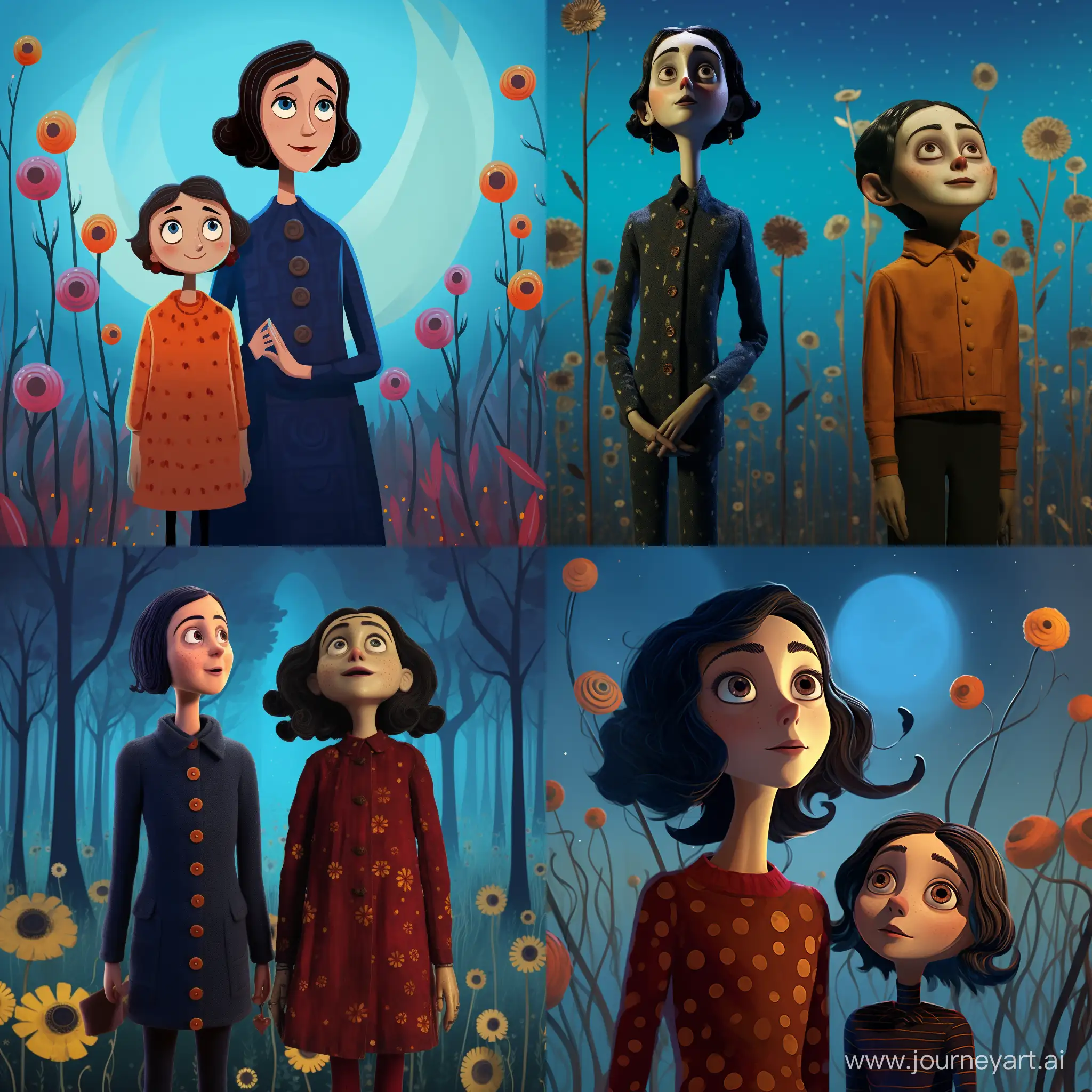 Mom from Coraline in the land of nightmares with buttons instead of eyes tall next to her in the garden from Coraline