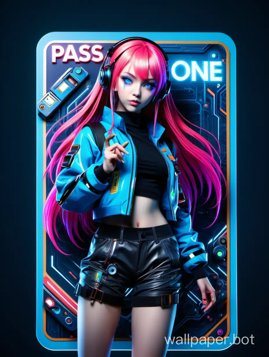 (best quality,highres,ultra-detailed,realistic:1.2),one of a kind access card with a crazy design,anime girl in the center,long pink hair,bright blue eyes,detailed facial features,determined expression,sporting an electric blue outfit with futuristic patterns,standing in a confident pose,in a vibrant technicolor environment,sparkling neon lights in the background,anime girl holding a futuristic device,card reads "pass•one" in detailed bold text,color scheme in bold and contrasting colors,reflecting a cyberpunk aesthetic,digital glitches and holographic effects,studio lighting to enhance the character's features and outfit,bokeh effect to add depth and visual interest to the image.
