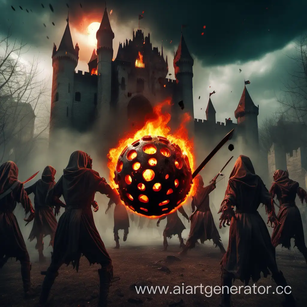 огненный мяч убивает зомби на фоне мрачного, фэнтэзи, средневекового замка