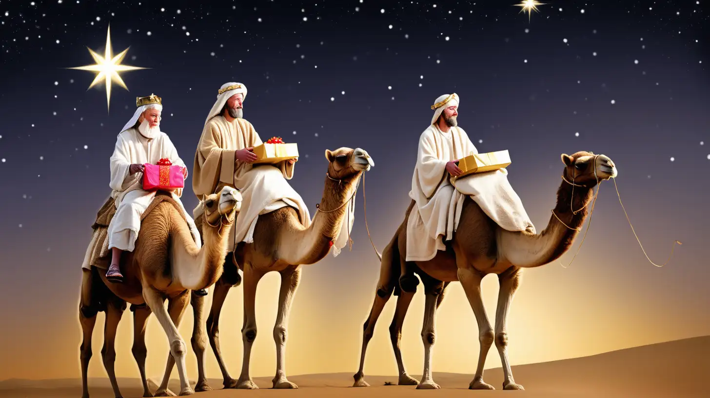 多位东方博⼠骑着骆驼带着许多礼物跟着伯利恒之星来寻找耶稣宝宝