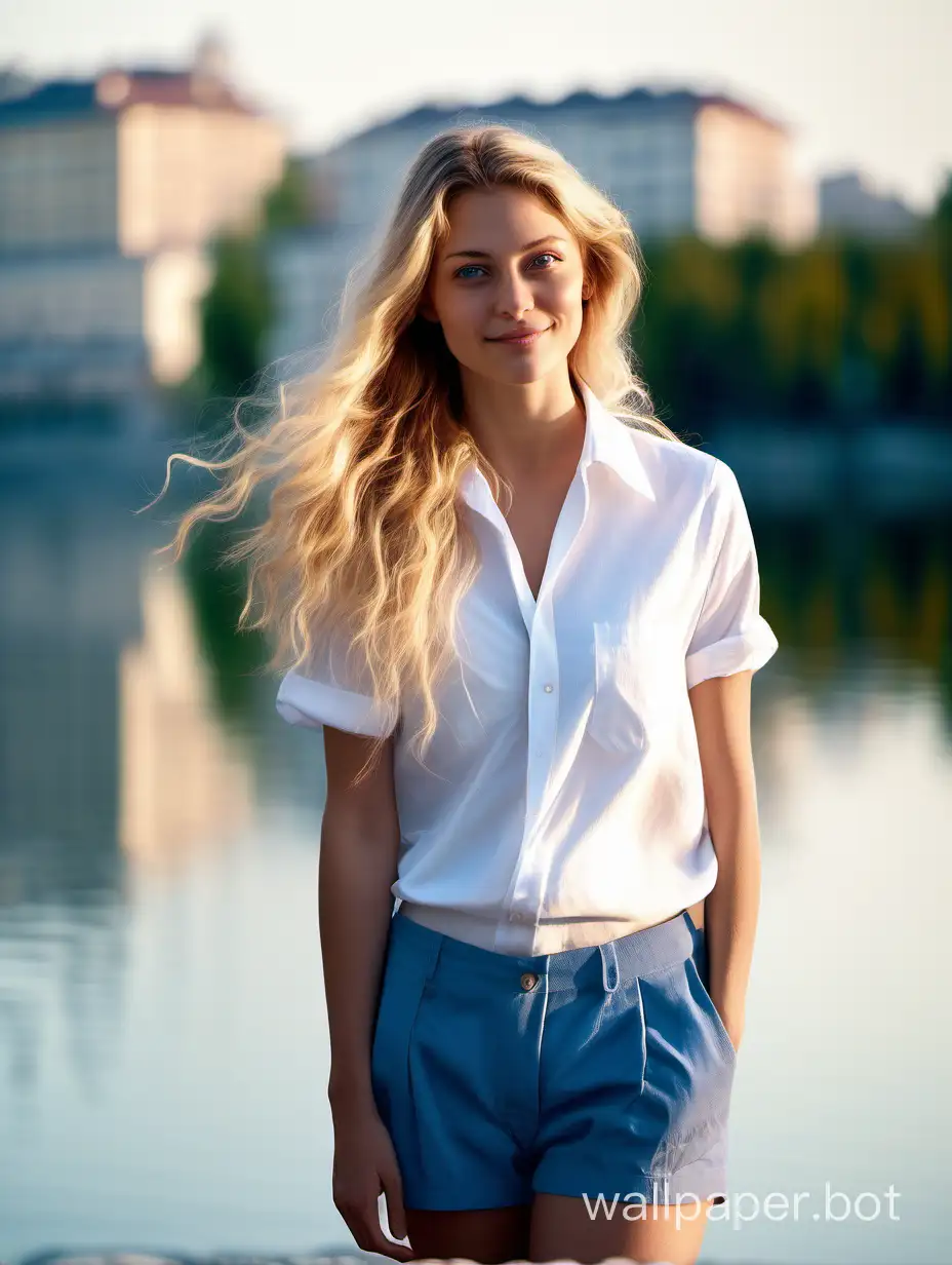 Woman, Russian, 27 years old, slim, small breast, long, weavy blonde hair, blue eyes, serene smile, wearing French blue shorts and a white button-down shirt, walking beside a big lake with bokeh-far Italian buildings in the background, wearing white sneakers