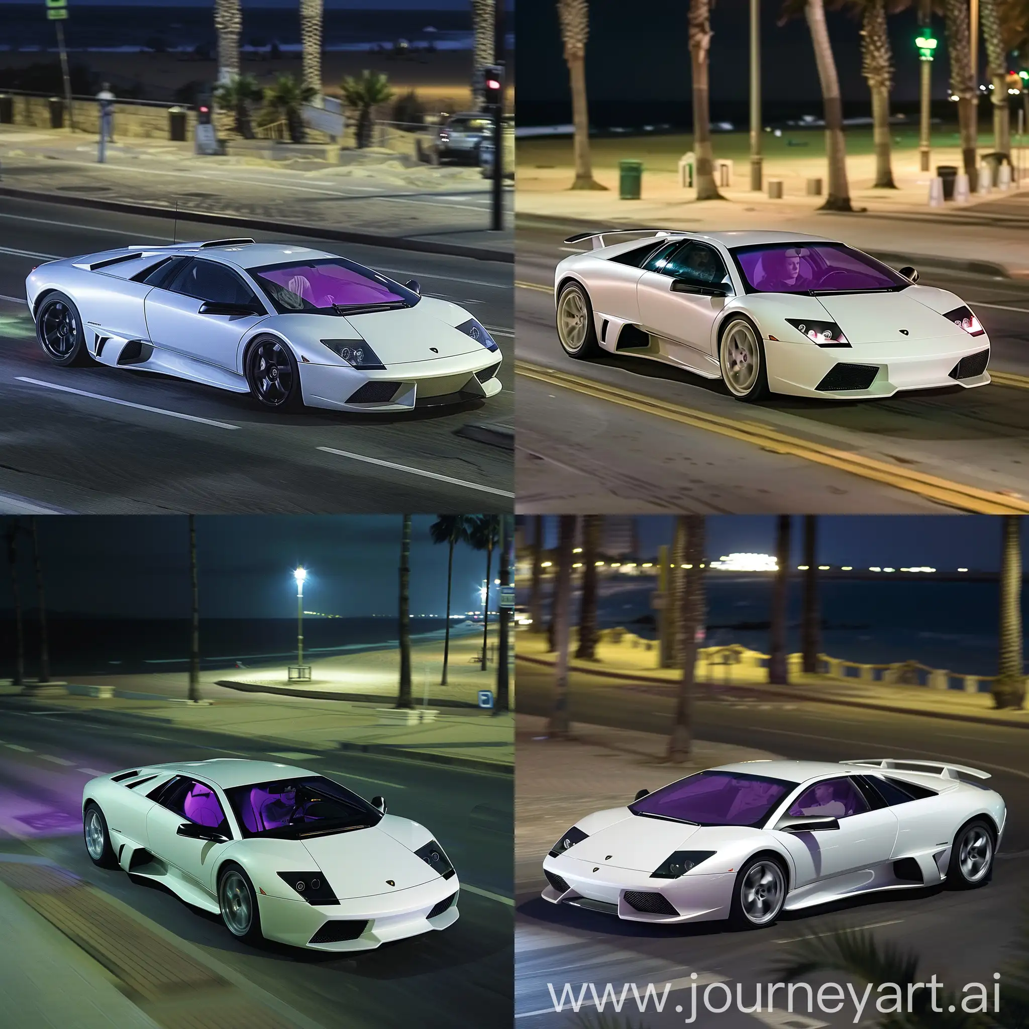 Sleek-White-Lamborghini-Murcielago-Drifting-Along-a-Beach-Street-at-Night