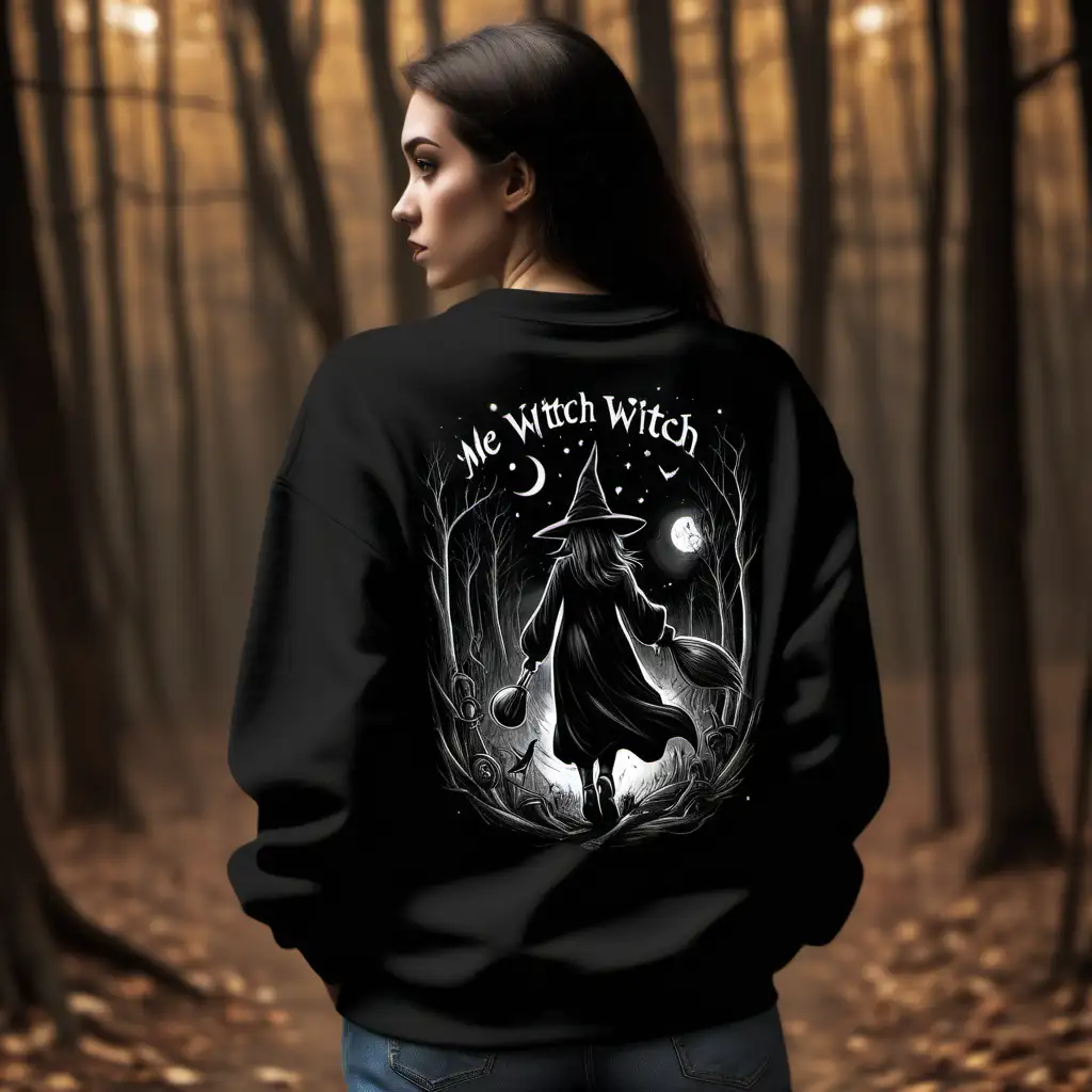 mockup for the back of a black sweatshirt.  the  person should be in a witch themed  outdoor area