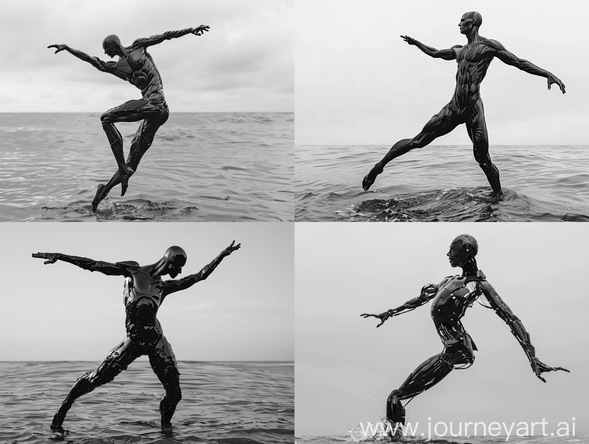 black and white photorealistic humanoid dancing over ocean surface