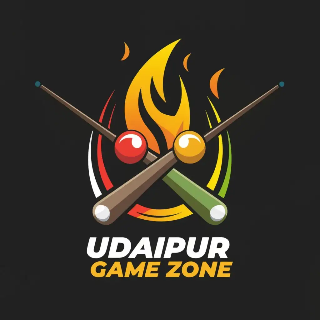 a logo design, with the text 'Udaipur Game Zone', main symbol: snooker cue sticks, fireball, game console, Moderate, be used in Events industry, clear background