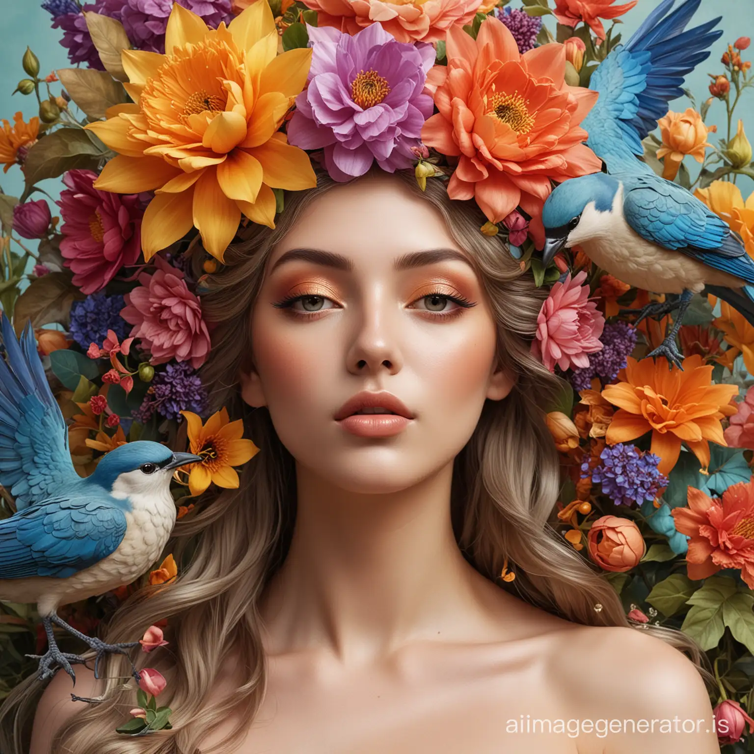 Goddess-Nymph-Surrounded-by-Vibrant-Oversized-Flowers-and-Birds