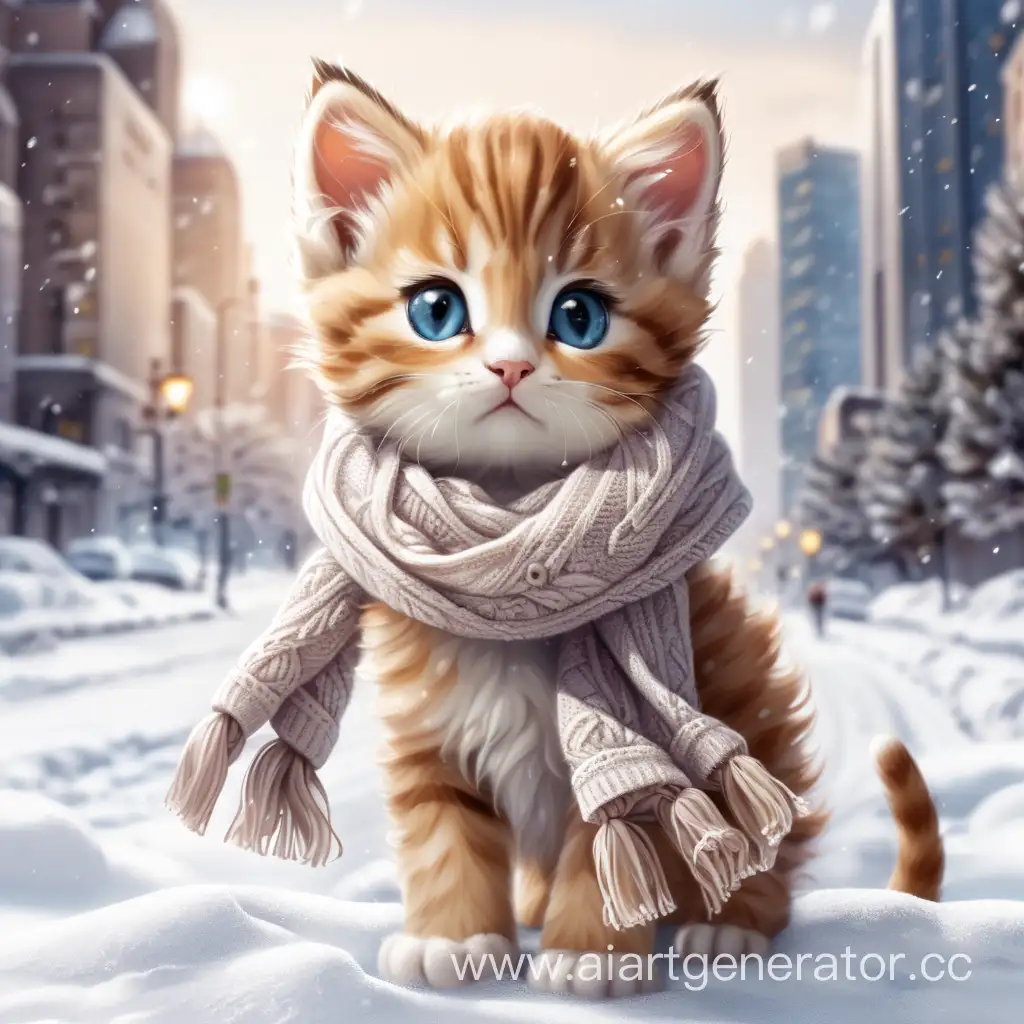 Милый котёнок на снегу в шарфике, позади город