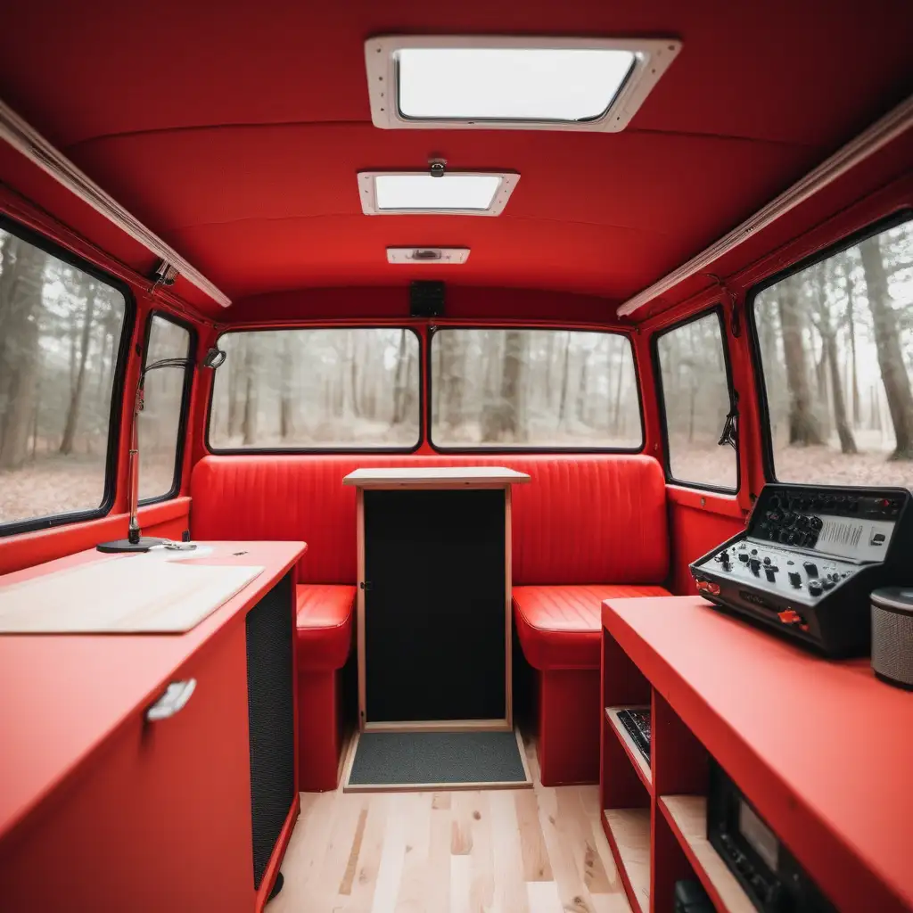 create a mobile podcast studio in a red vw vinatge van with speakers 
