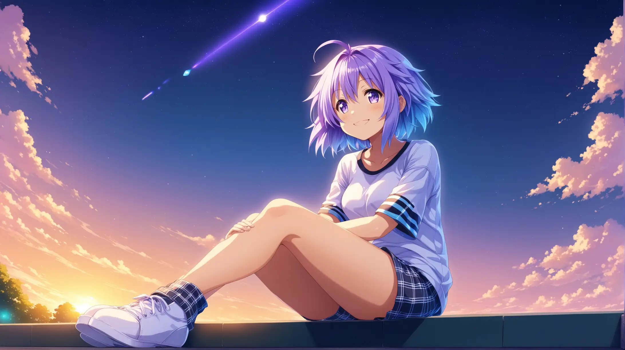 Draw the character Neptune from Hyperdimension Neptunia, short hair, high quality, ambient lighting, long shot, outdoors, low angle, sitting, looking up at the sky, wearing a casual outfit, smiling