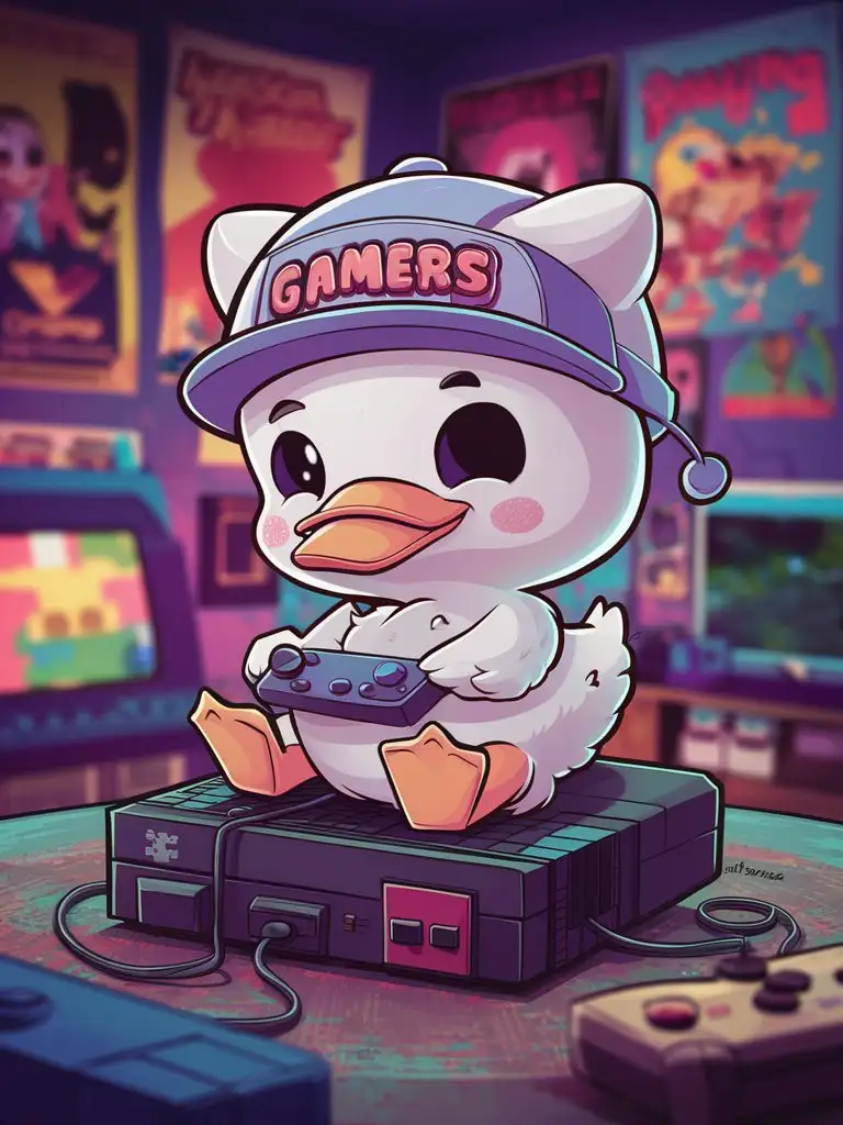 Stiker art, cute chibi white duck with hat say "GAMERS"  playing console video games.