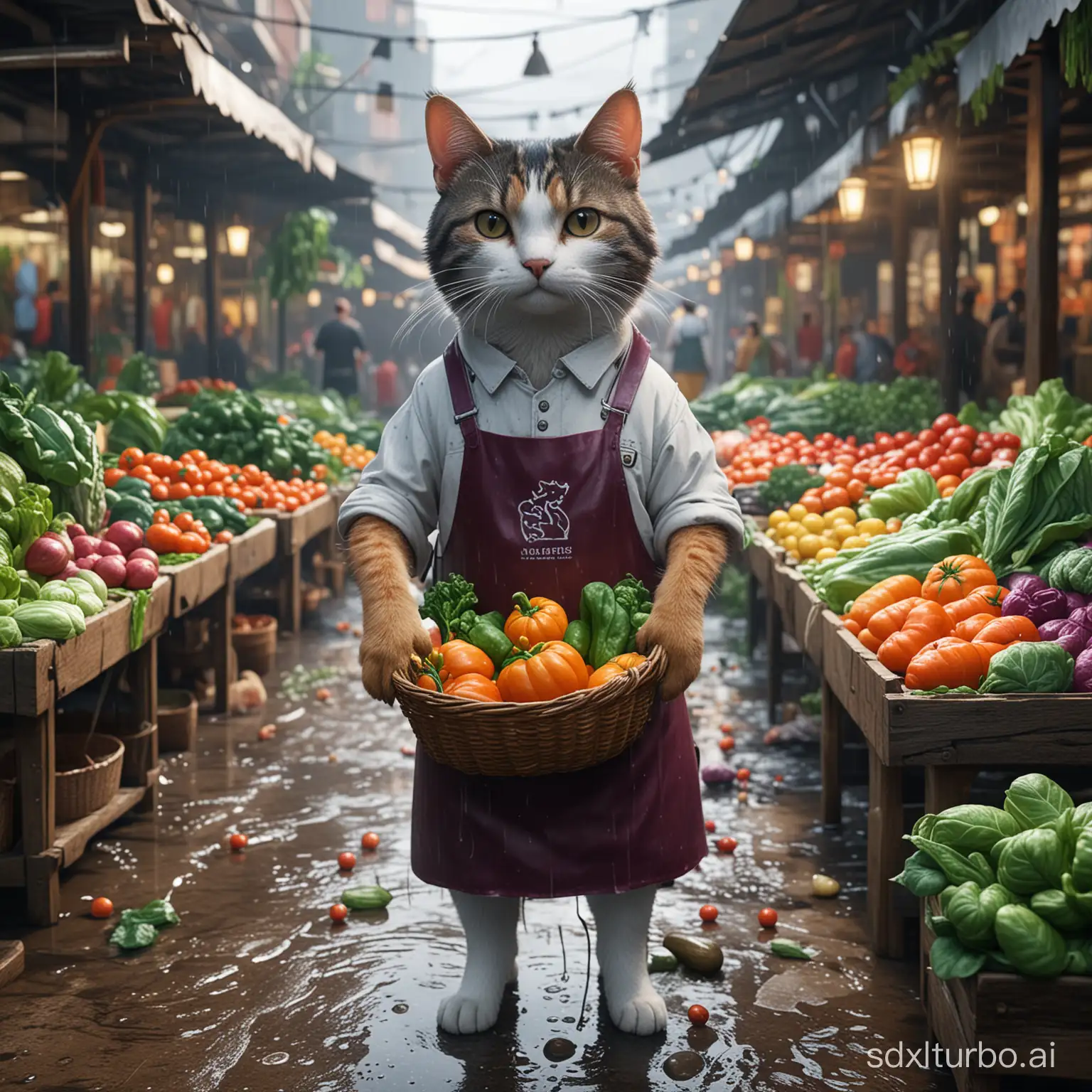 A cat model, wearing an apron, selling vegetables in a wet market, holding vegetables in hand, handing them to customers, Unreal Engine render, 8K, movies